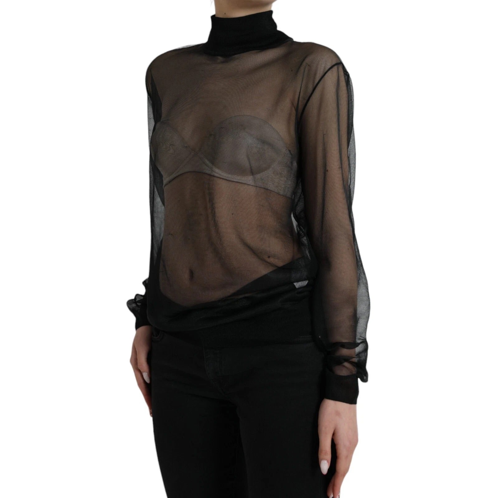 Chemisier en maille noire Dolce & Gabbana à col roulé en tissu transparent, élégant haut en mesh pour femme.