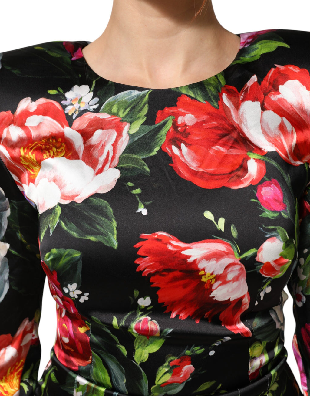 Robe moulante noire Dolce & Gabbana avec motif floral Fiori Pittorici, tissu élégant et design féminin.