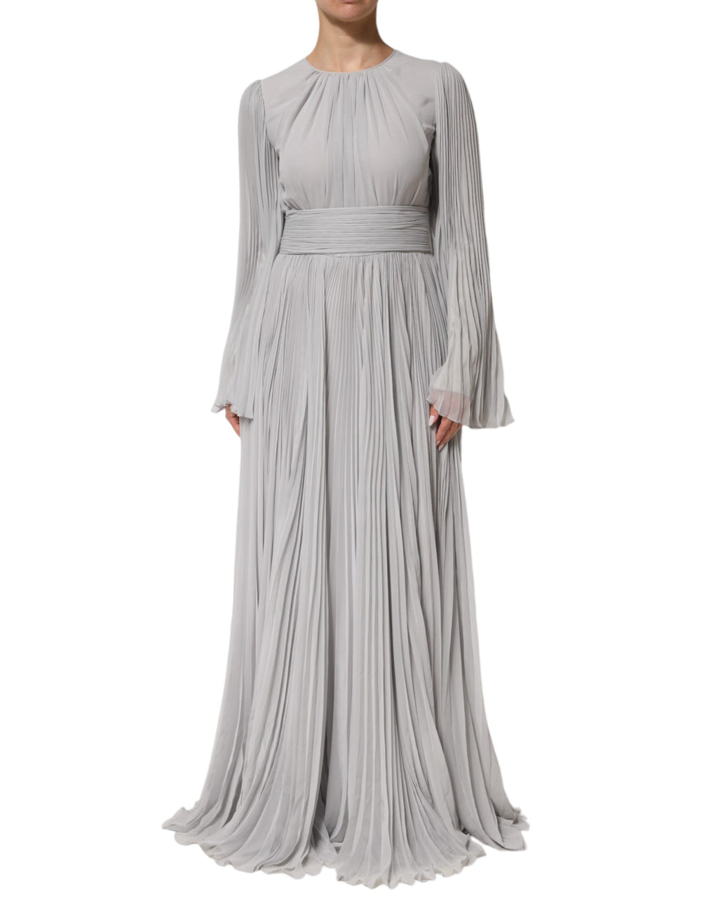Robe longue plissée en soie mélangée gris Dolce & Gabbana avec manches longues et design élégant.