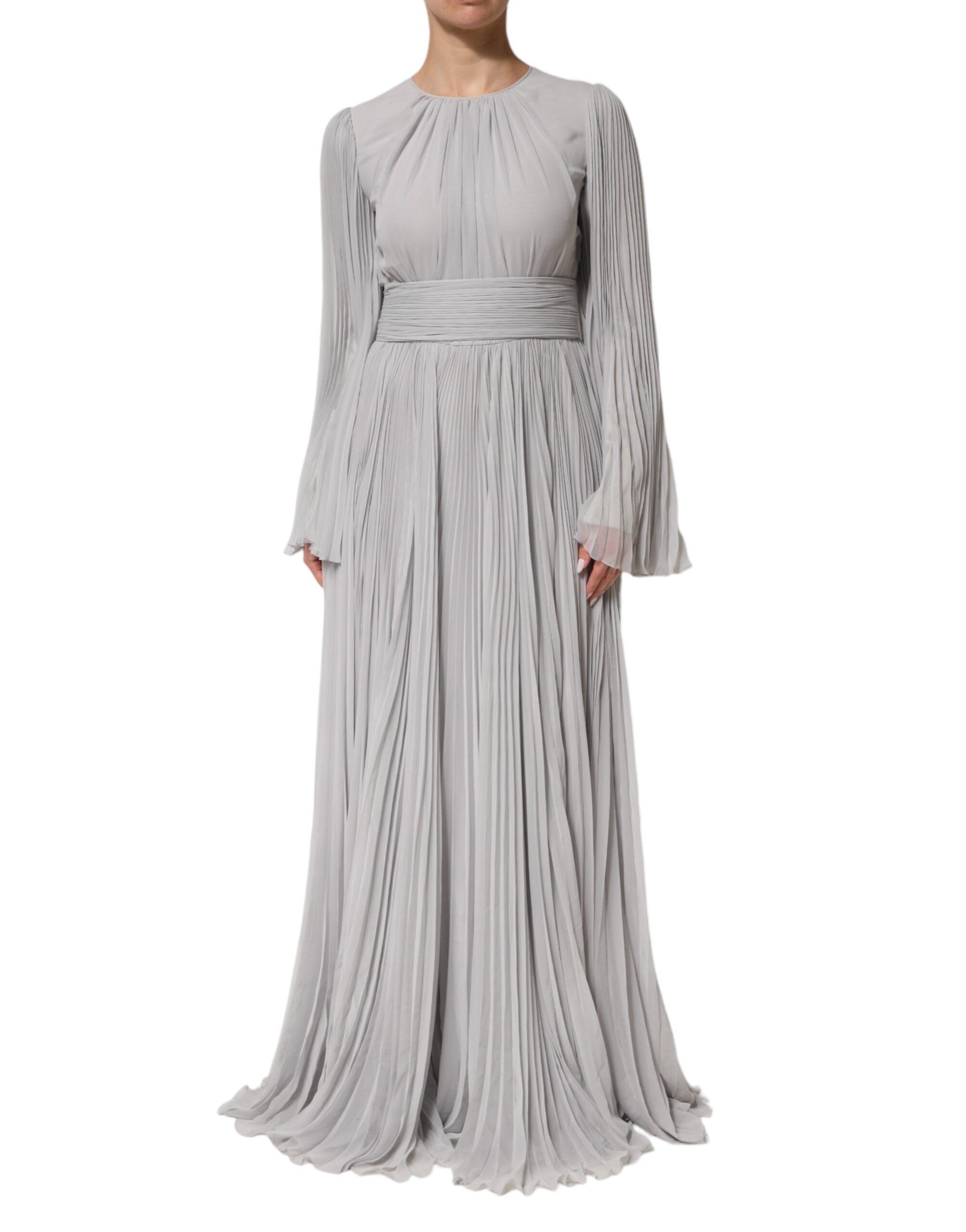 Robe longue plissée en soie mélangée gris Dolce & Gabbana avec manches longues et design élégant.