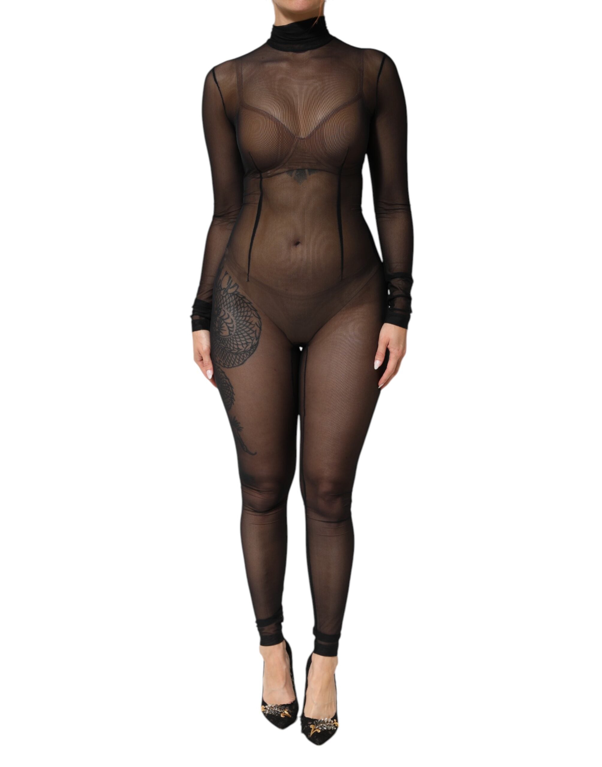 Combinaison noire en mesh transparent à manches longues de Dolce & Gabbana, robe-body élégante et ajustée.