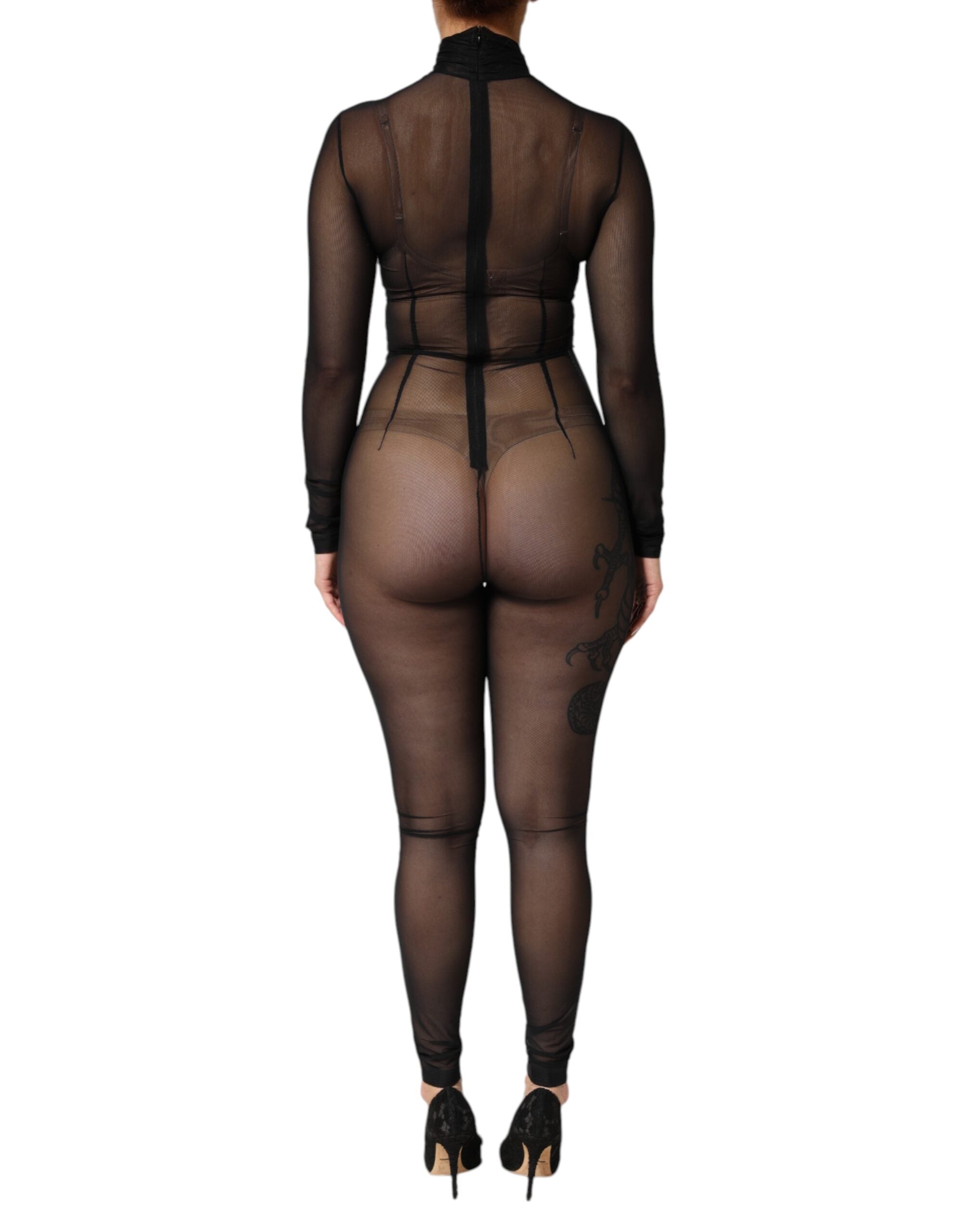 Combinaison en mesh noir à manches longues de Dolce & Gabbana, robe body élégante et transparente.