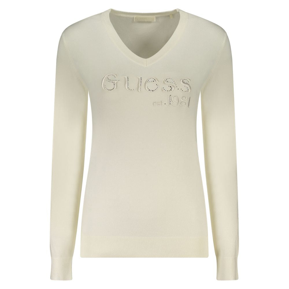 T-shirt à manches longues Guess Jeans en viscose blanche pour femme, élégante et confortable, vue de face.