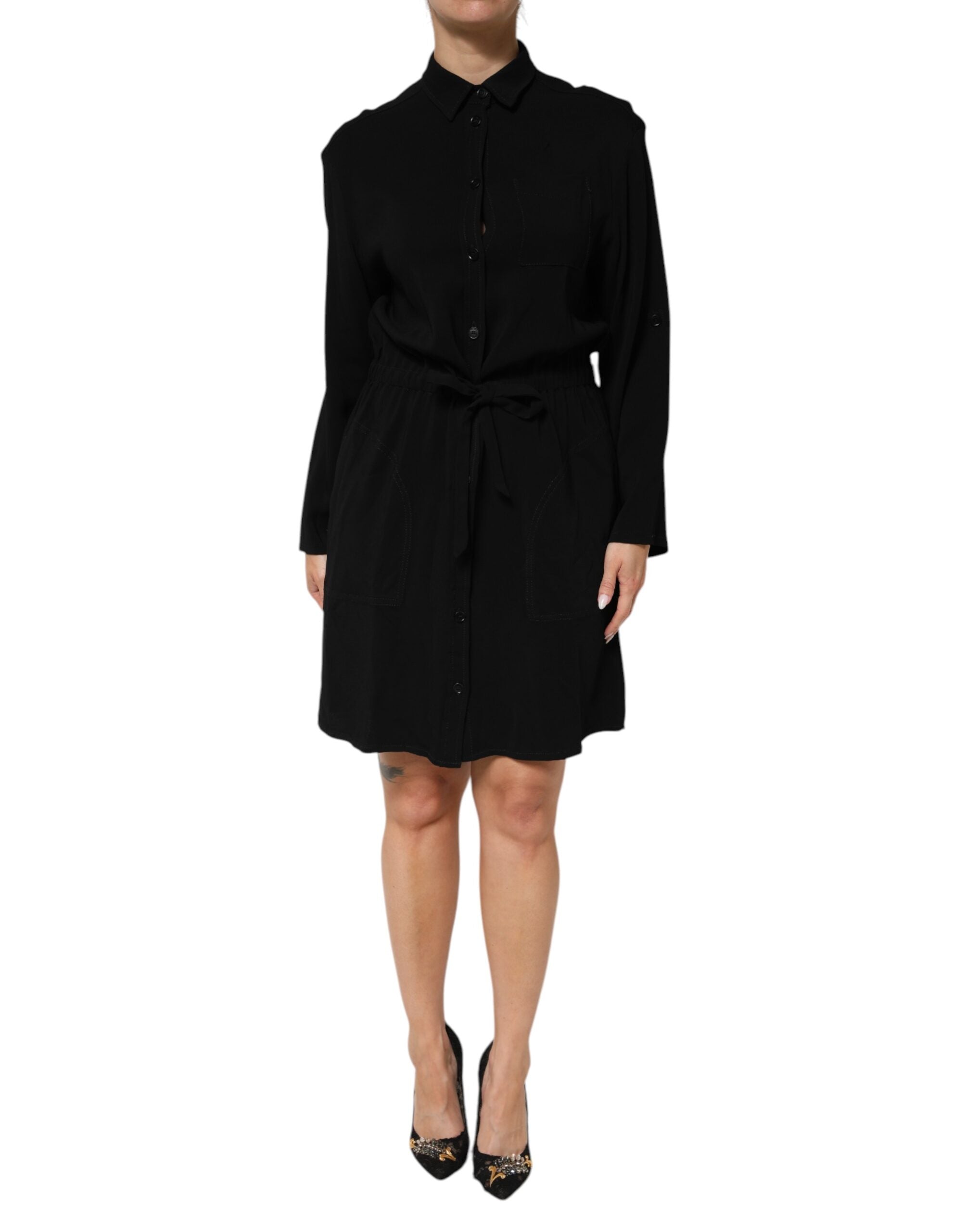 Robe bustier noire en viscose mélangée de la marque Emporio Armani, avec ceinture style ceinturée, porté élégant.