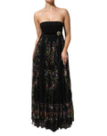 Robe bustier sans bretelles Dolce & Gabbana noire à fleurs, motif clé et cristaux, élégante et sophistiquée.