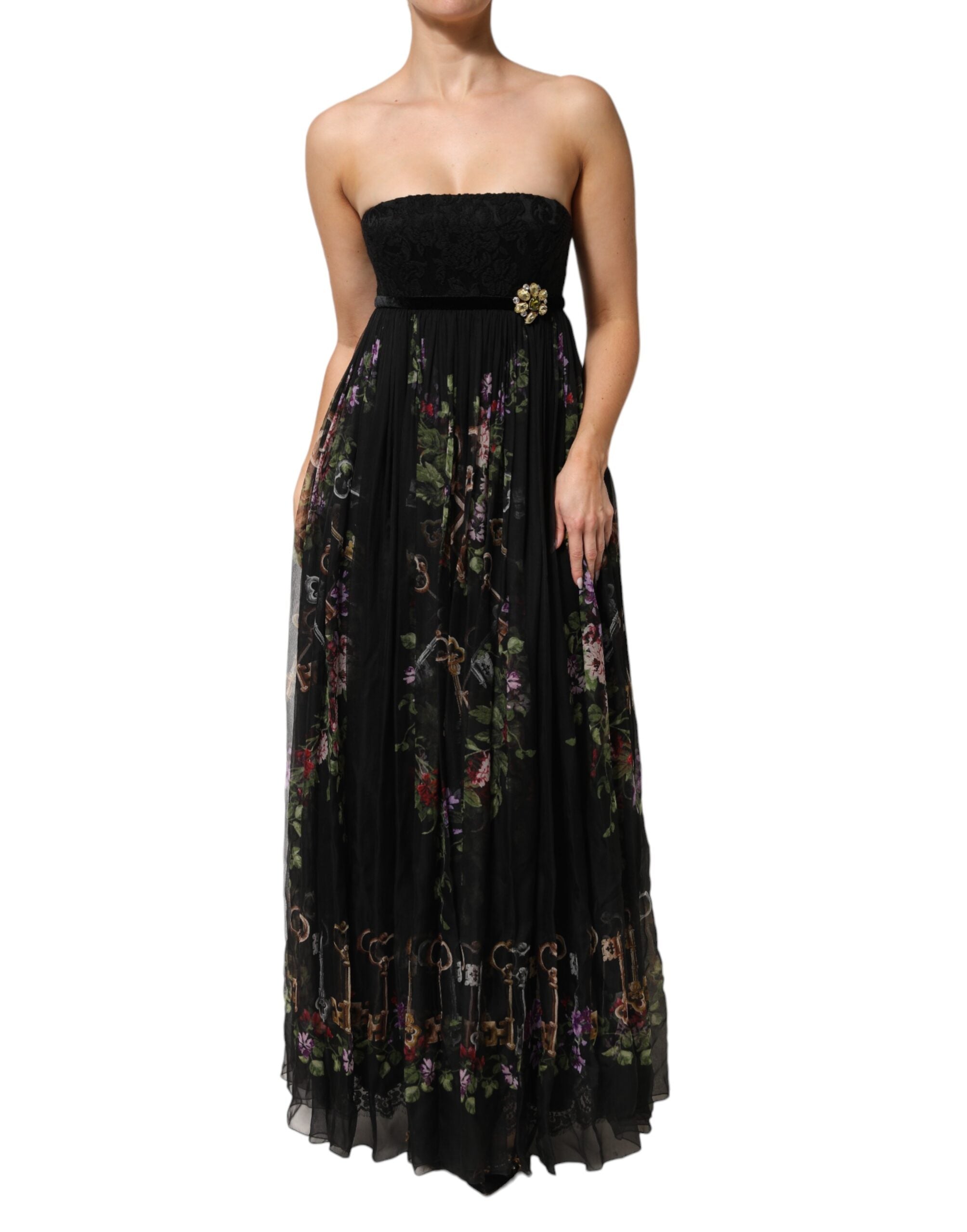 Robe bustier sans bretelles Dolce & Gabbana noire à fleurs, motif clé et cristaux, élégante et sophistiquée.