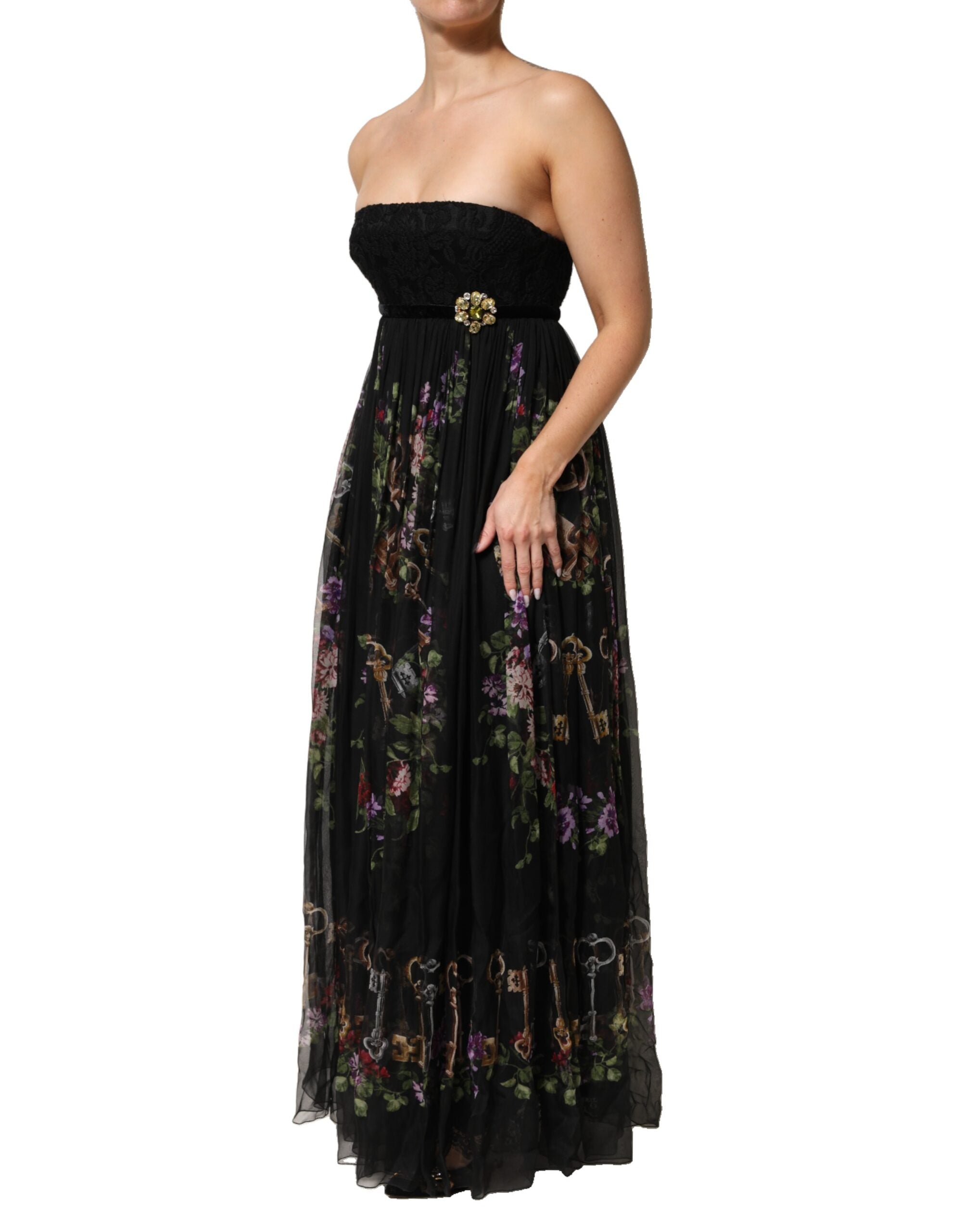 Robe bustier noire floral à imprimé clé et cristaux Dolce & Gabbana, élégante et raffinée, vue de face.
