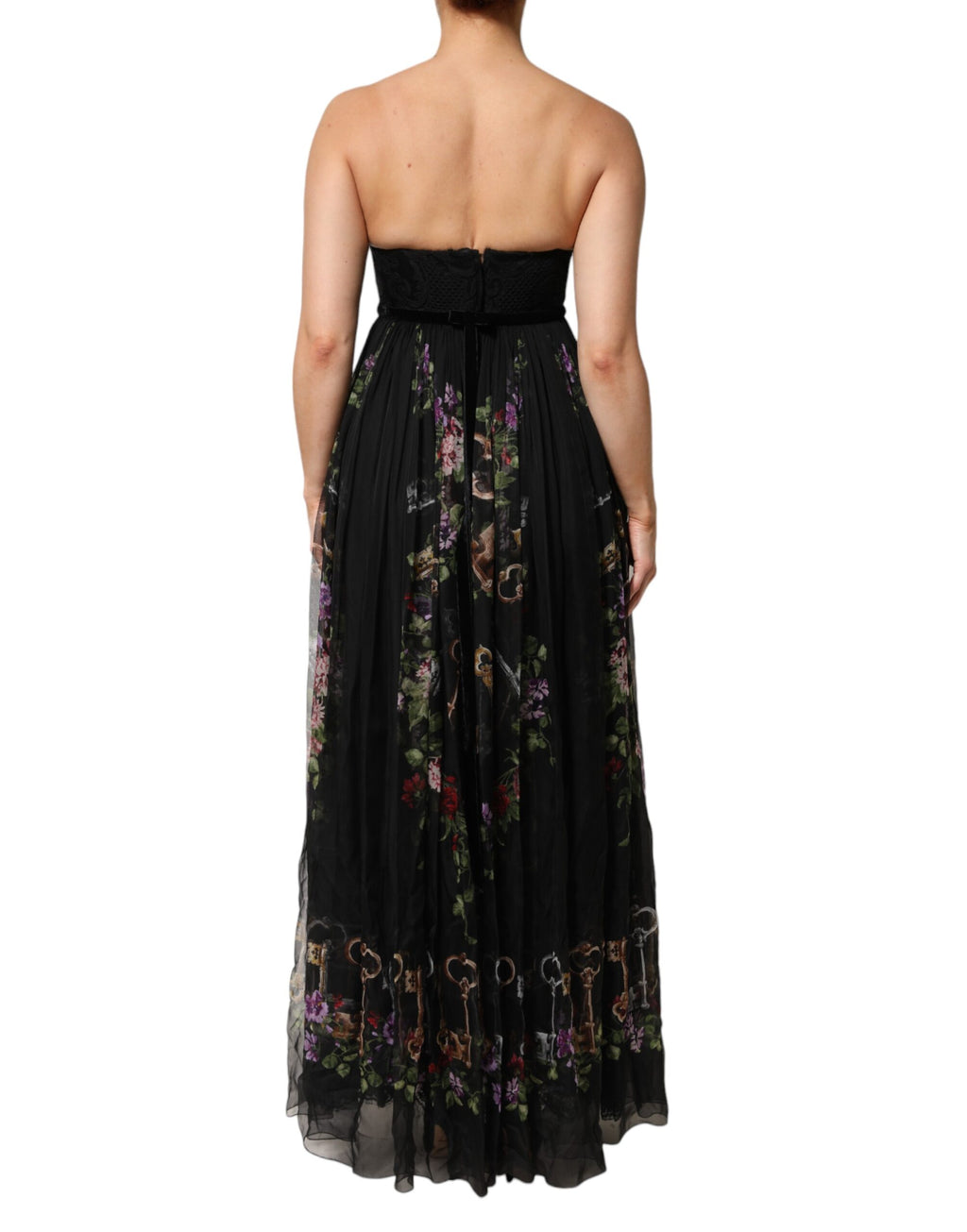 Robe bustier noire Dolce & Gabbana avec motif floral, imprimé clé, cristaux et design élégant.
