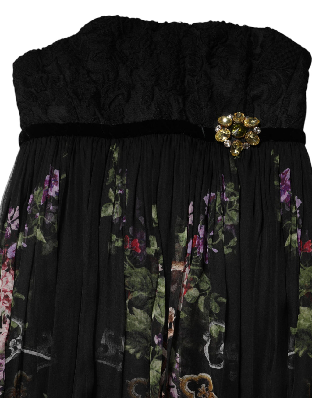 Robe bustier noire Dolce & Gabbana avec motif floral, détails en cristal et design élégant.