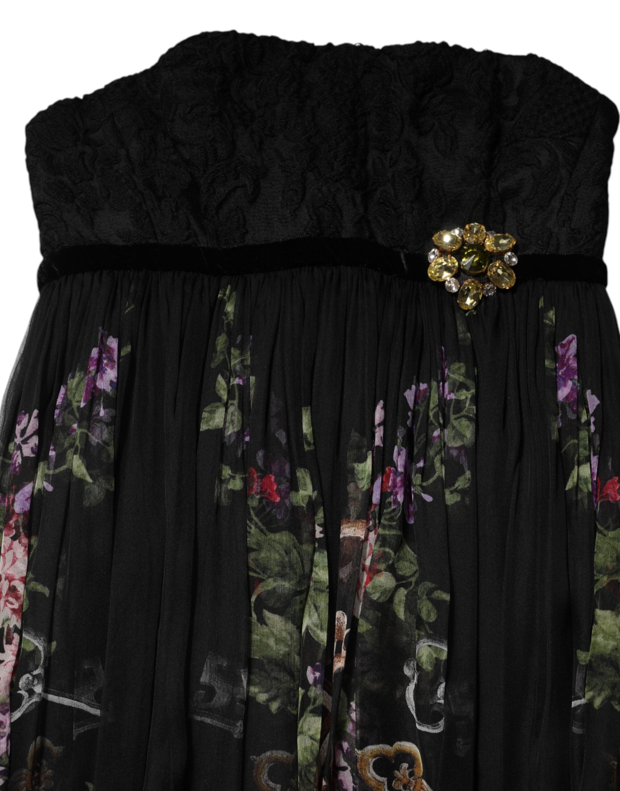 Robe bustier noire Dolce & Gabbana avec motif floral, détails en cristal et design élégant.