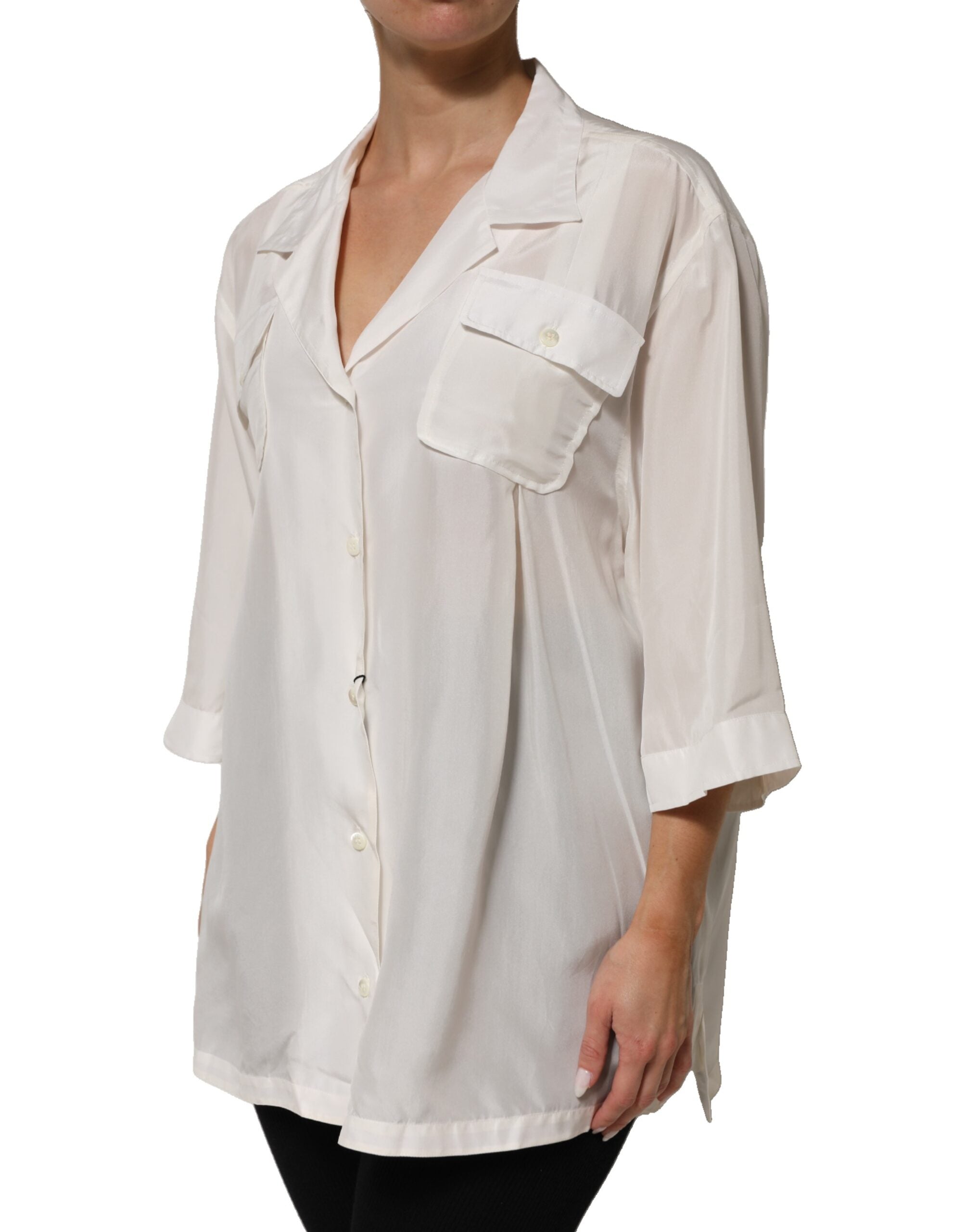 Blouse Dolce & Gabbana blanche en soie avec col, manches 3/4, style élégant pour femme.
