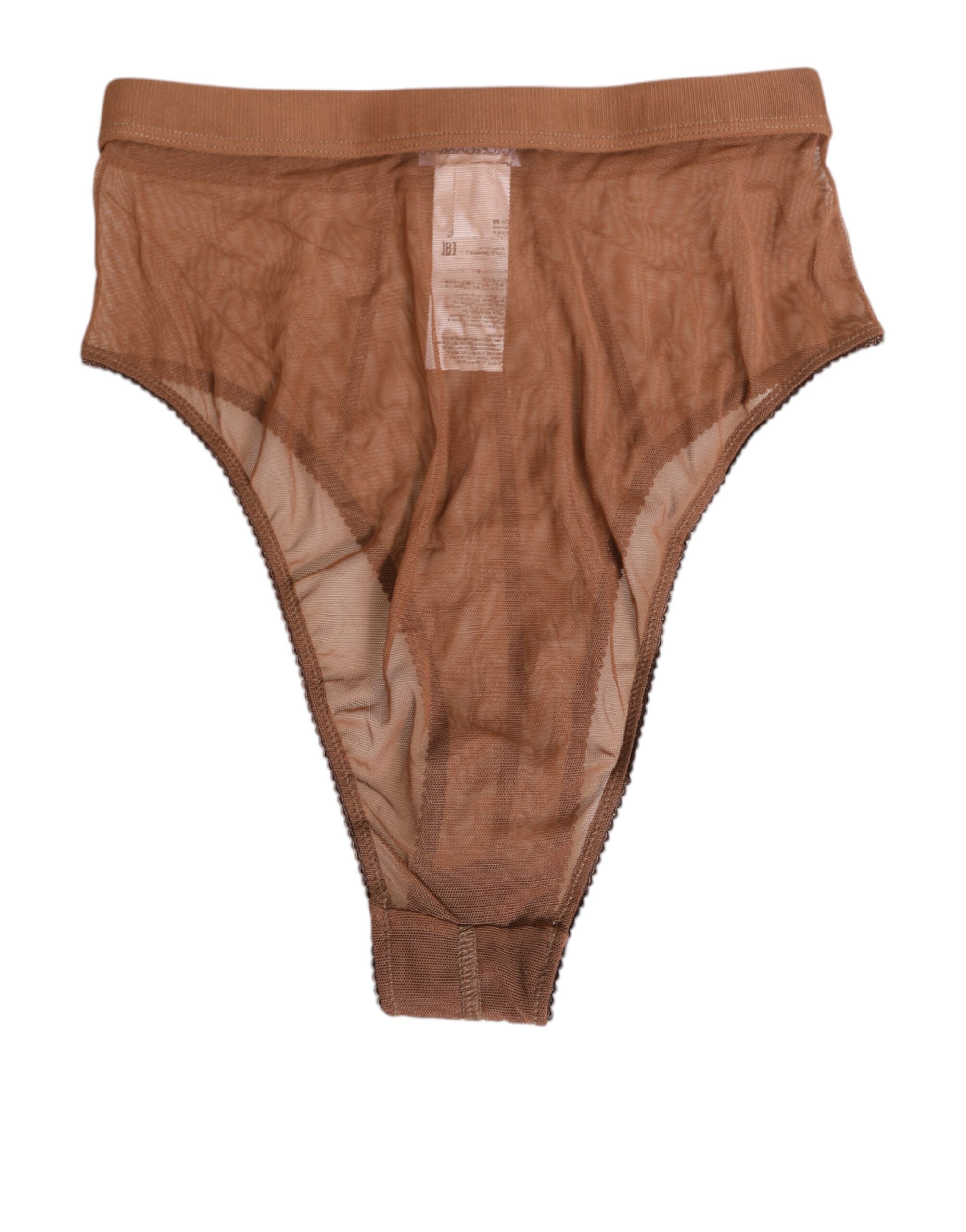 Culotte haute en résille marron Dolce & Gabbana, sous-vêtements en mesh transparent, taille haute et design élégant.