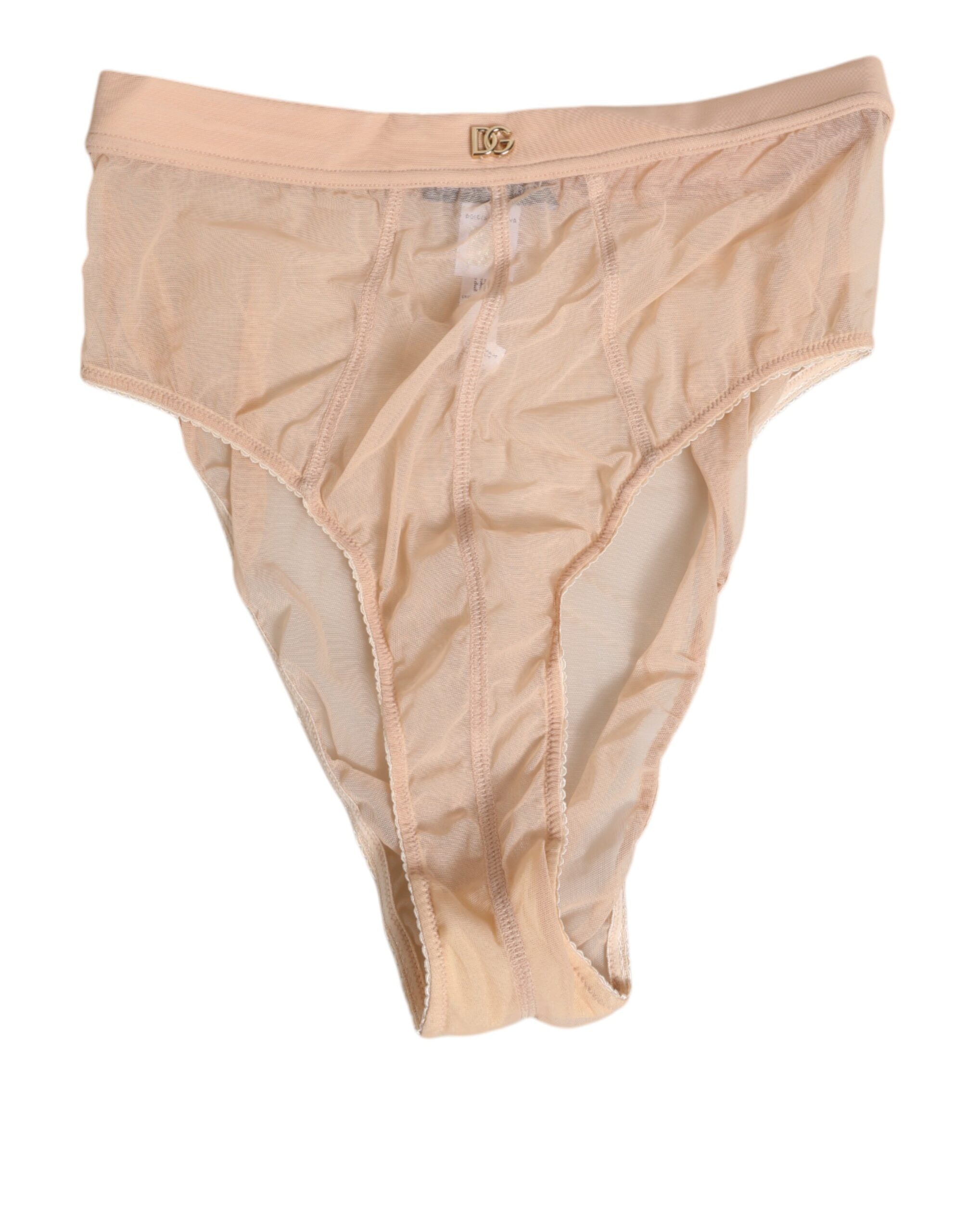 Culotte beige en mesh transparent à taille haute de Dolce & Gabbana, sous-vêtements élégants et confortables.