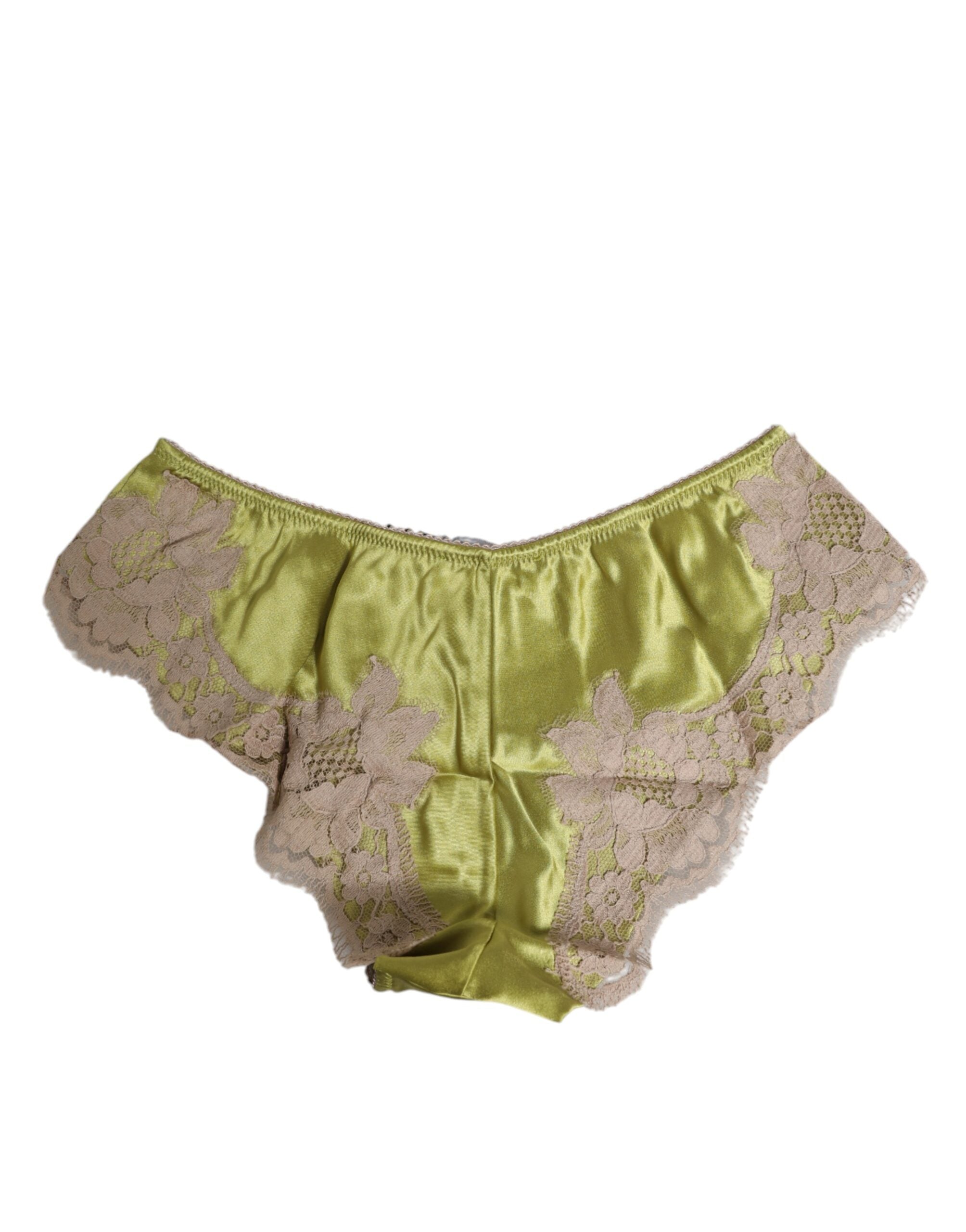 Sous-vêtement Dolce & Gabbana en soie verte satinée avec finitions en dentelle, nouvelle culotte élégante.