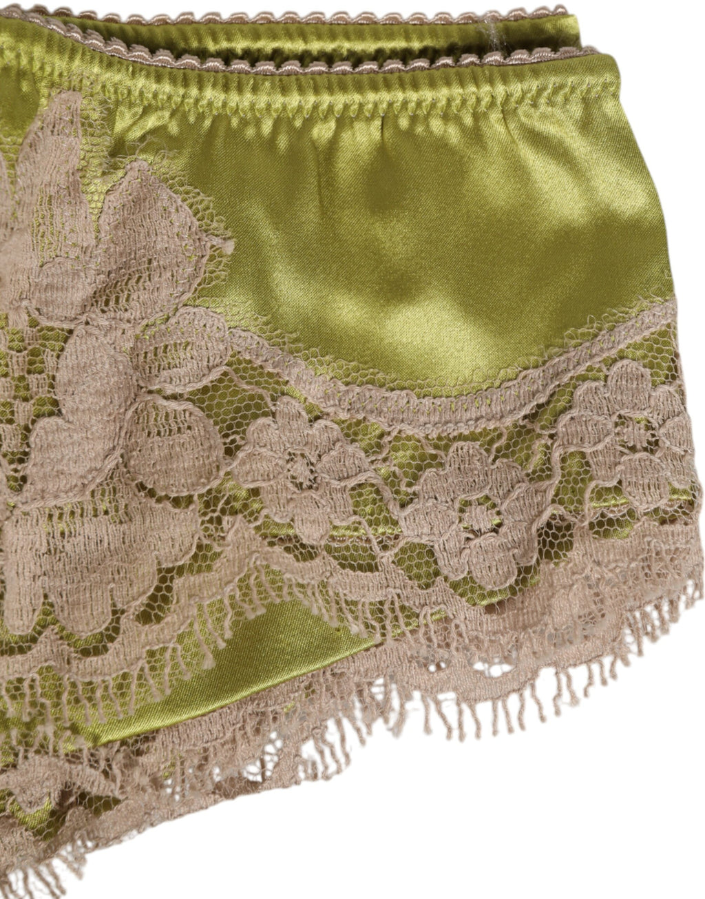 Sous-vêtement Dolce & Gabbana en satin de soie vert avec bordure en dentelle, style slip élégant et confortable.