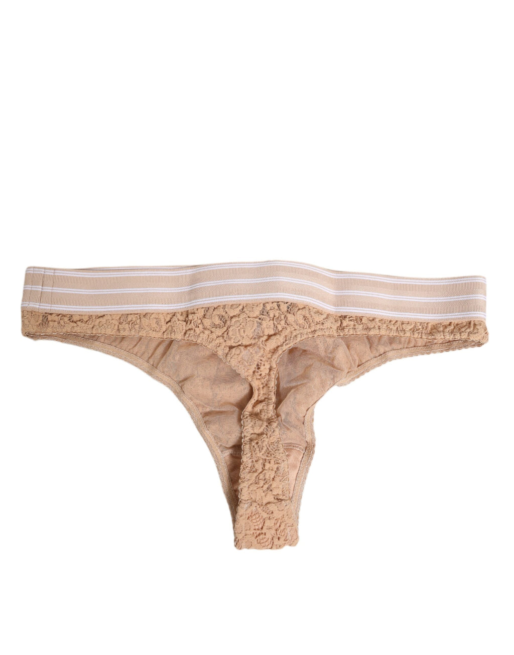 String tanga élastique en dentelle beige Dolce & Gabbana avec logo, conception élégante et confortable.