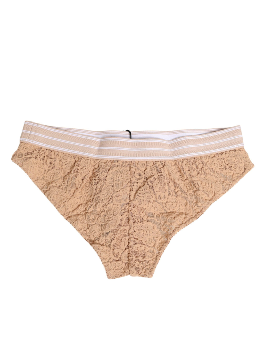 Culotte brésilienne beige Dolce & Gabbana avec dentelle, logo sur la taille, sous-vêtements élégants et confortables.
