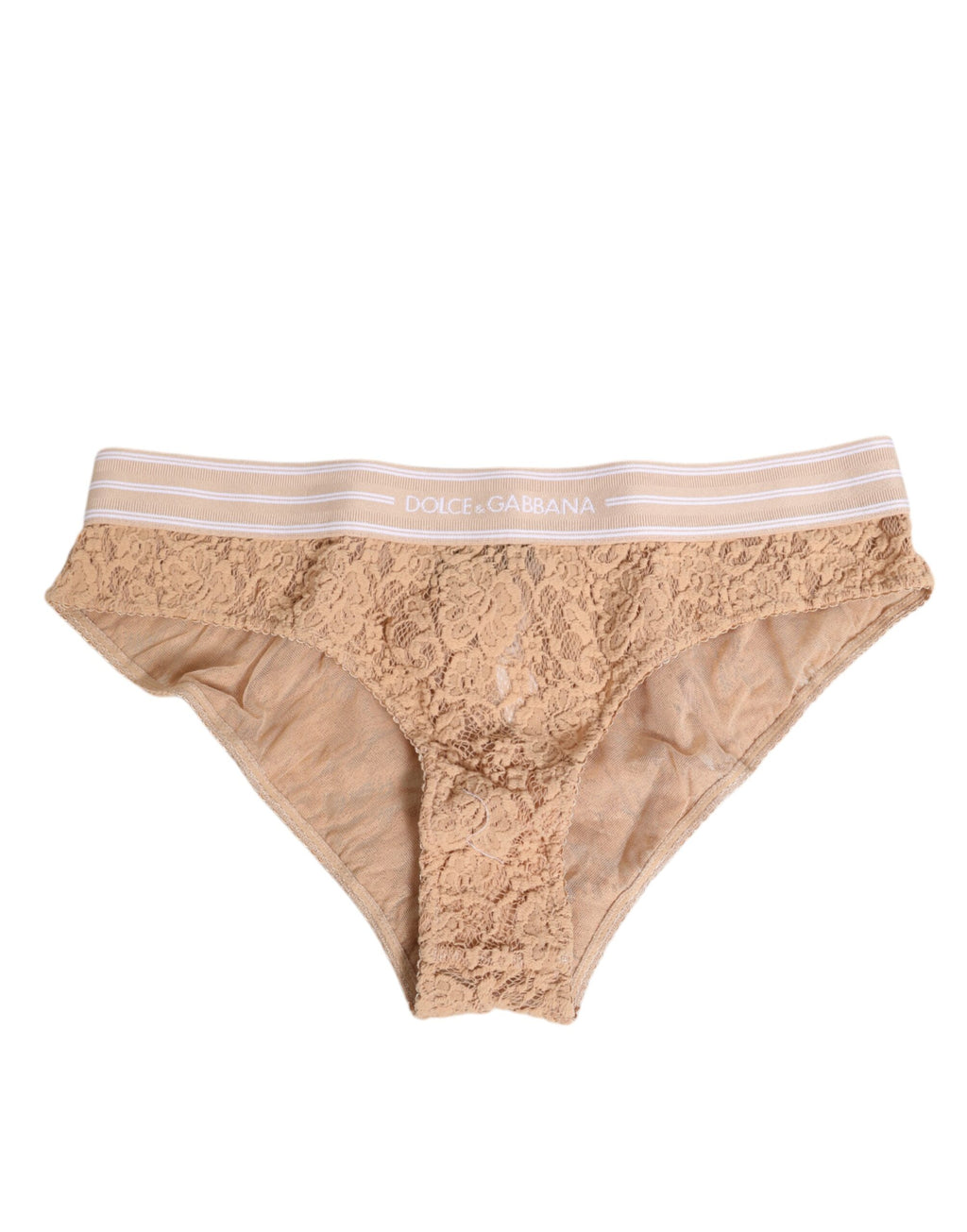 Culotte beige en dentelle Dolce & Gabbana avec logo à la taille, sous-vêtements brésiliens élégants et confortables.