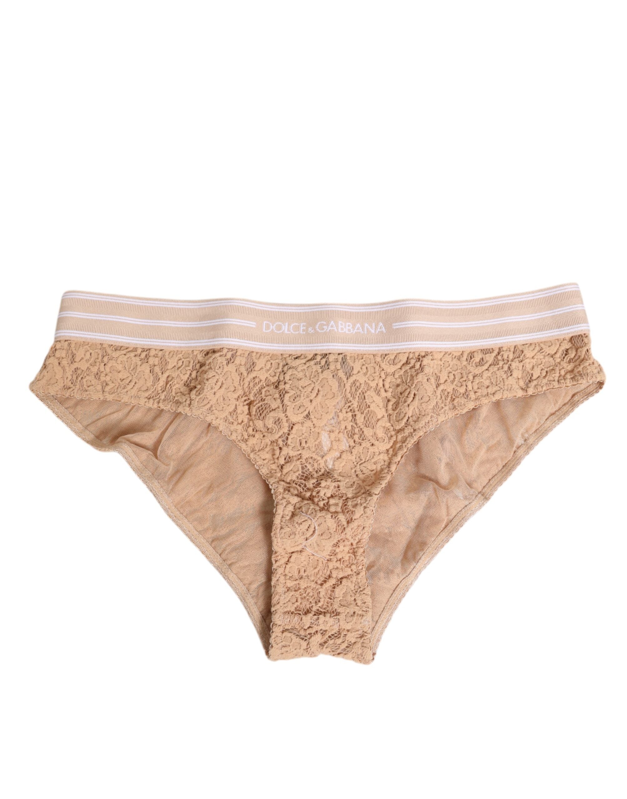 Culotte beige en dentelle Dolce & Gabbana avec logo à la taille, sous-vêtements brésiliens élégants et confortables.