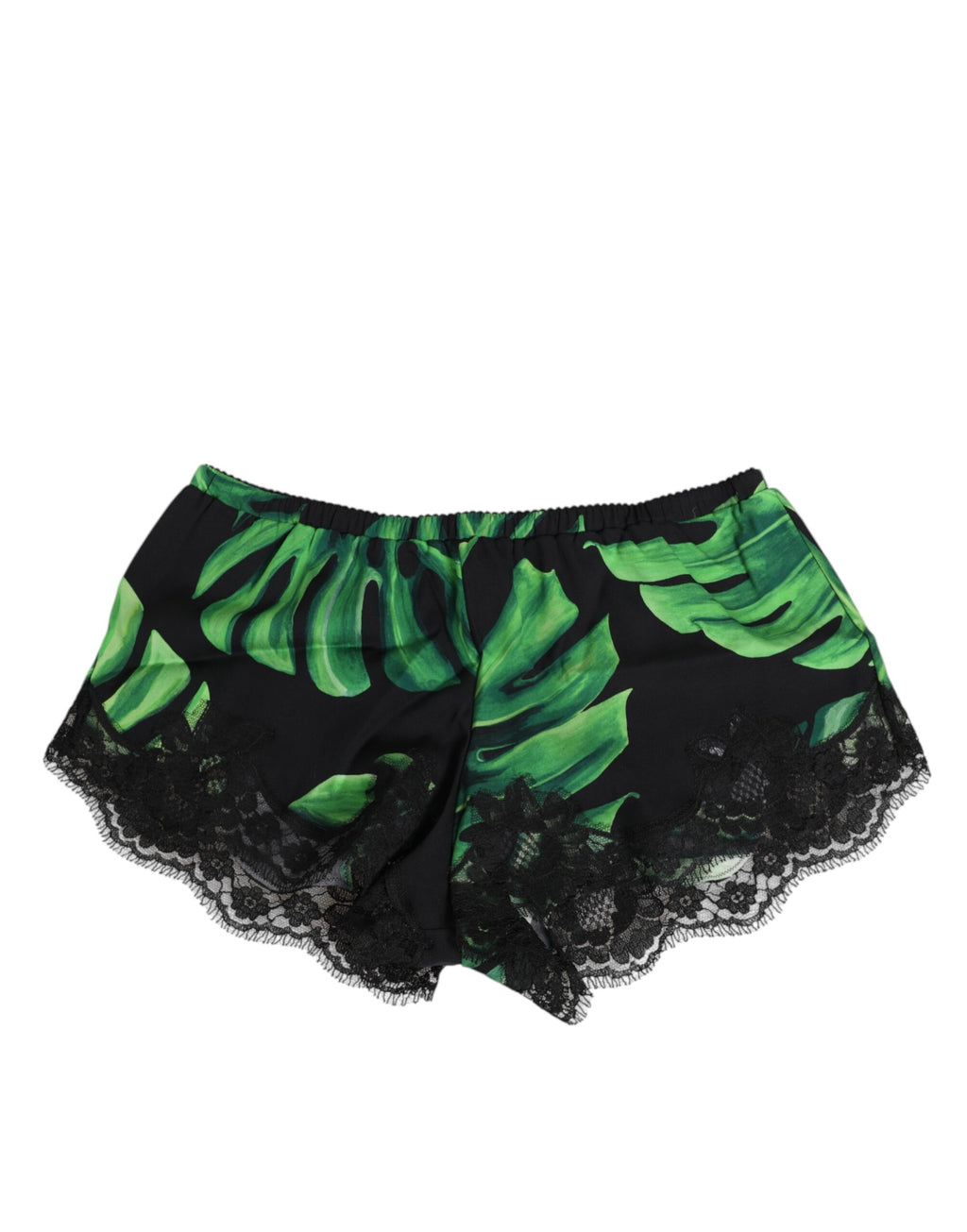 Sous-vêtements en dentelle Dolce & Gabbana, noir et vert avec motif tropical, délicats et élégants.