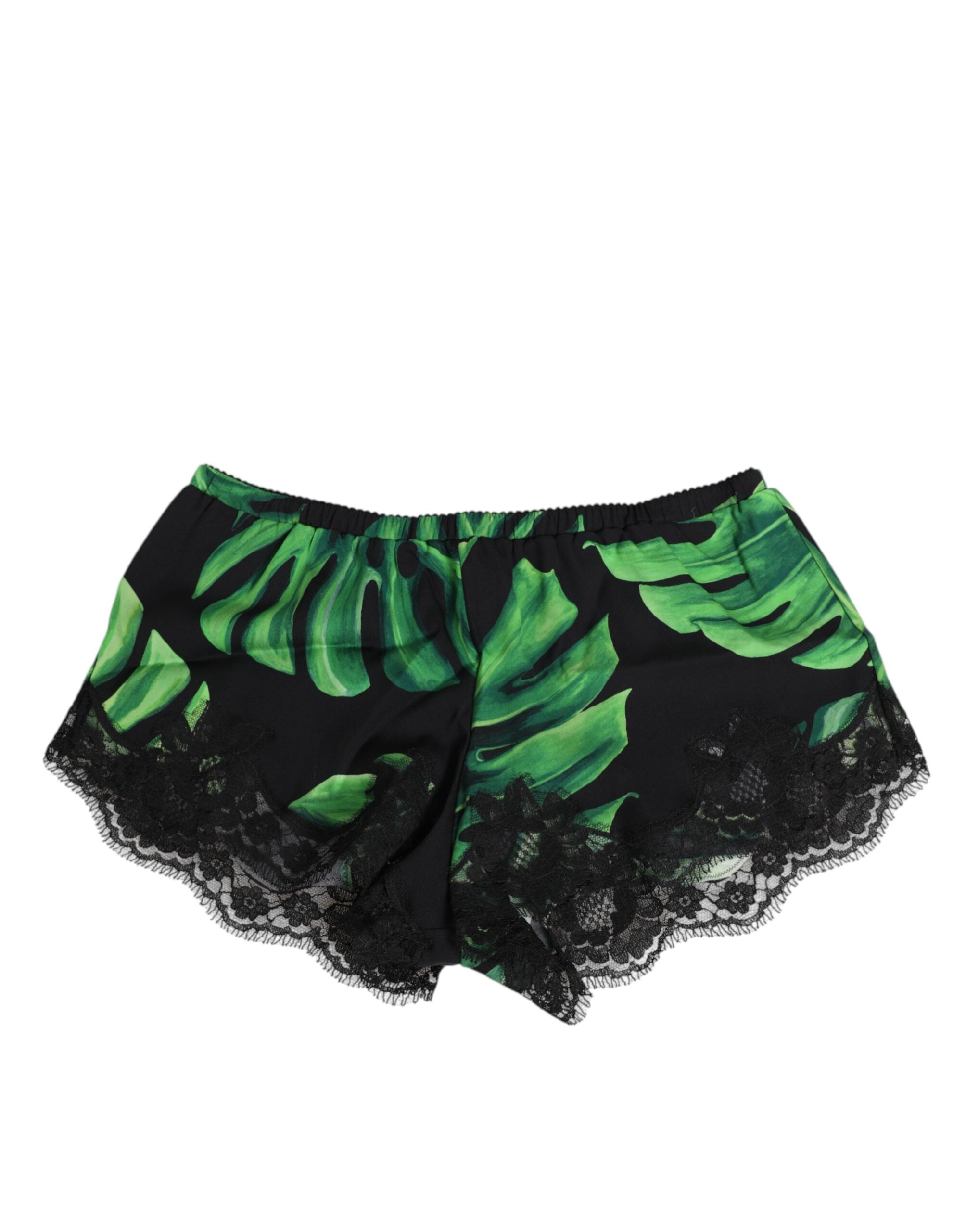 Sous-vêtements en dentelle Dolce & Gabbana, noir et vert avec motif tropical, délicats et élégants.