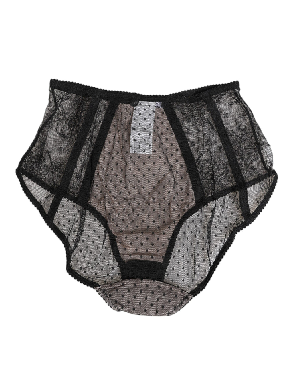 Sous-vêtements noirs en dentelle transparente à pois Dolce & Gabbana, culotte taille haute élégante et raffinée.