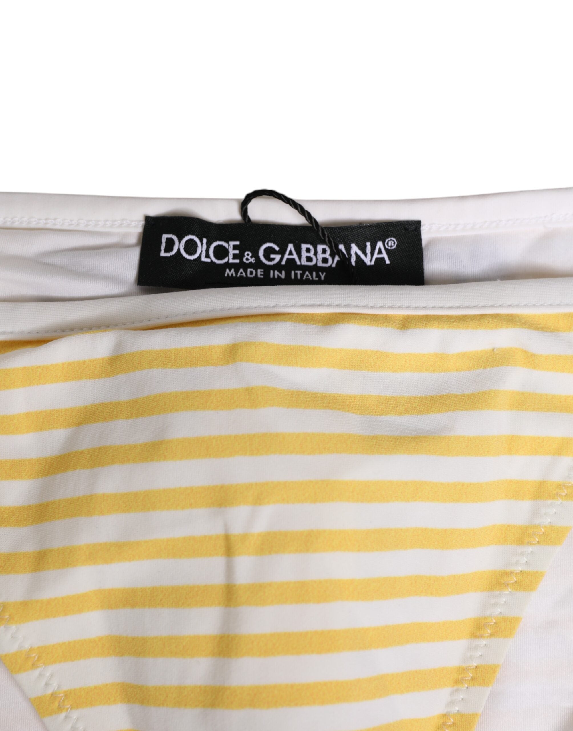 Sous-vêtements Dolce & Gabbana en coton blanc avec rayures jaunes, logo à la taille, style à nouer sur les côtés.