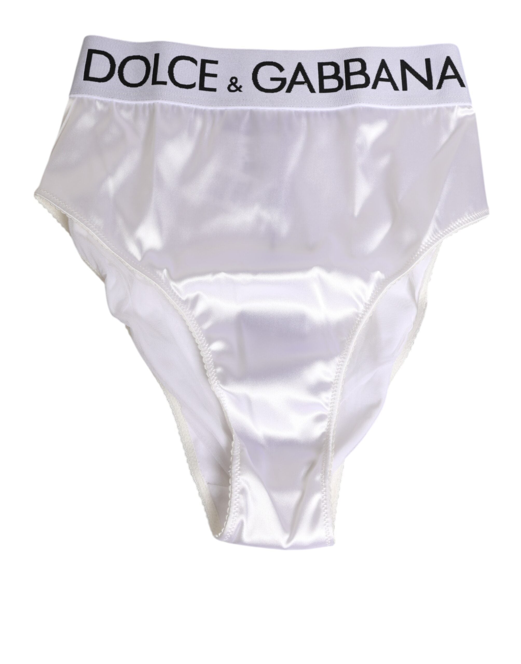 Culotte blanche en satin à taille haute Dolce & Gabbana pour femmes, logo visible, vêtement de lingerie élégante et confortable.