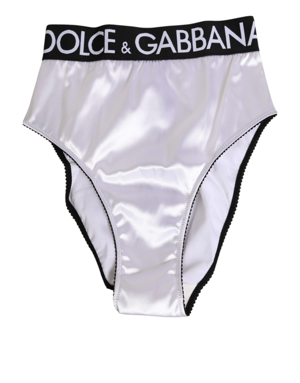 Sous-vêtements pour femmes Dolce & Gabbana en satin blanc, haute taille avec logo noir visible.