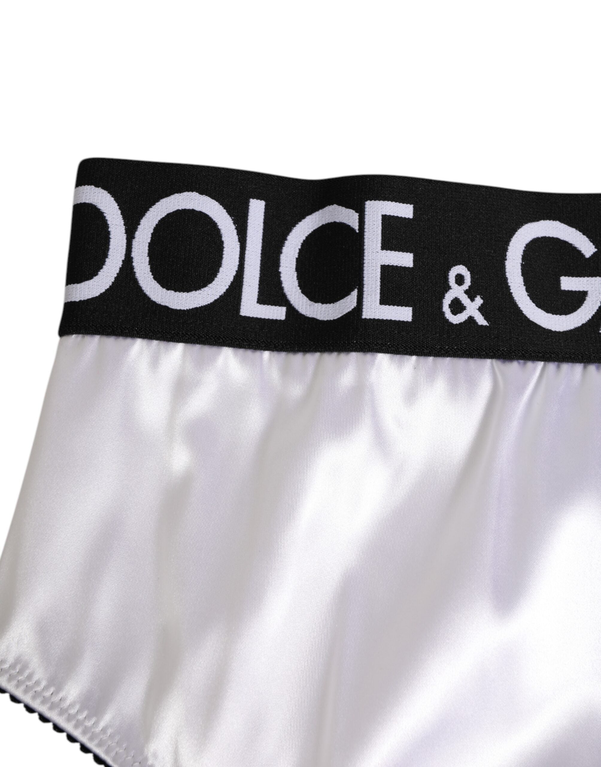 Soutien-gorge en satin blanc Dolce & Gabbana à taille haute avec logo noir pour femmes, élégance et confort.