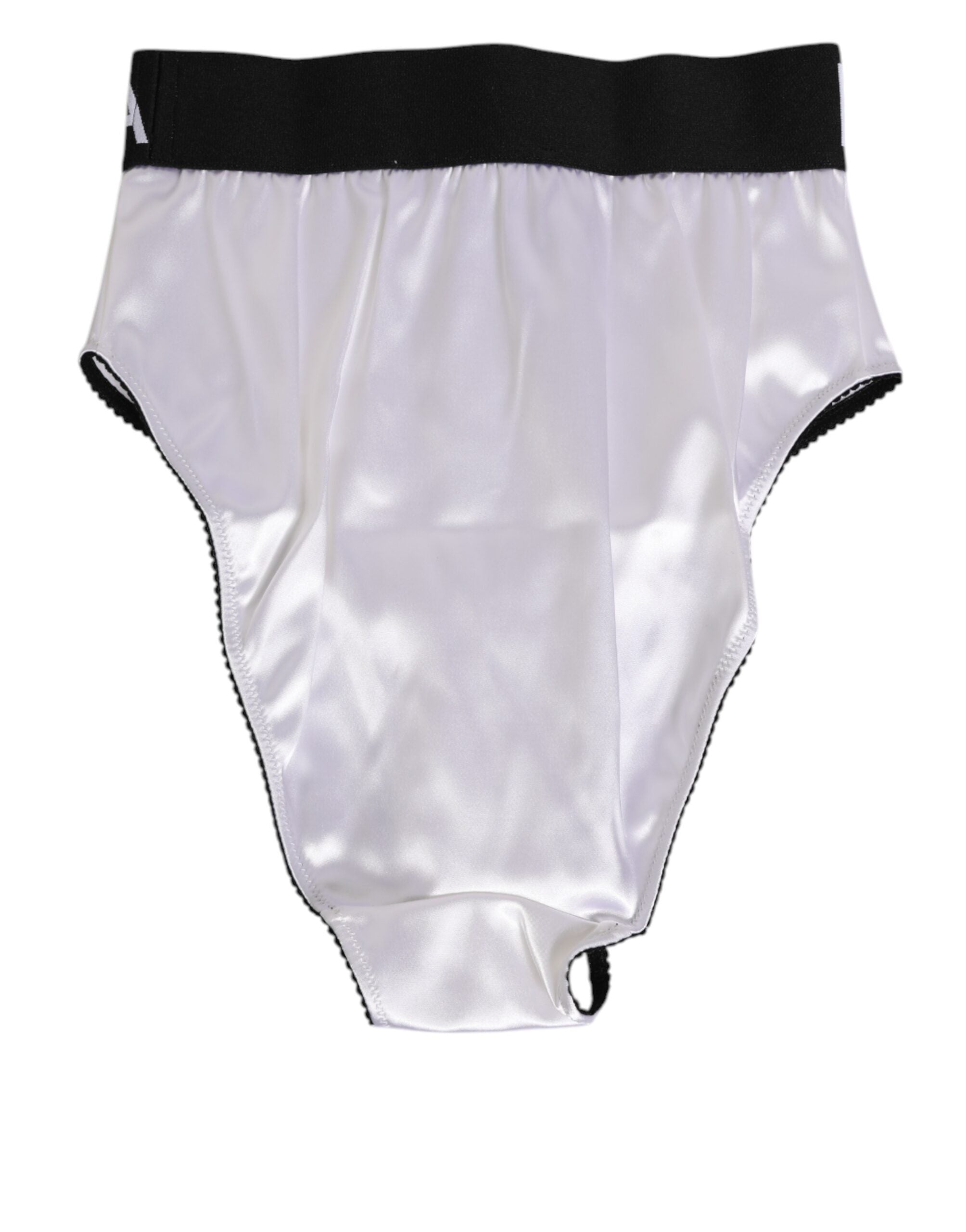 Sous-vêtements pour femmes Dolce & Gabbana, culotte en satin blanc à taille haute avec logo noir, élégant et confortable.