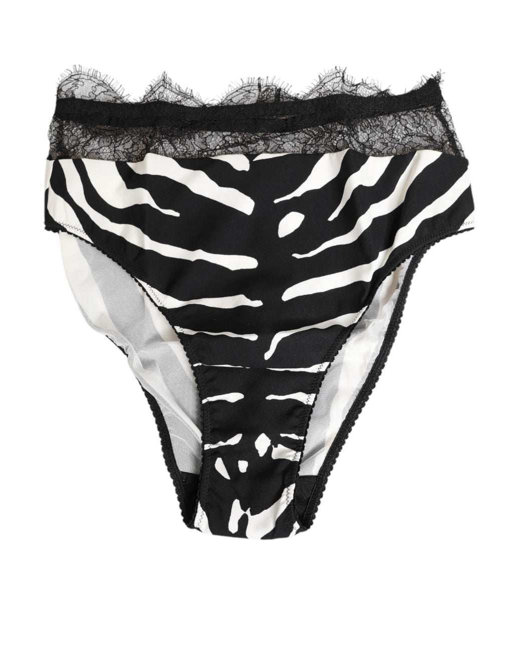 Sous-vêtements noirs et blancs Dolce & Gabbana avec motif zèbre, dentelle et taille haute, détails élégants visibles dans l'image.