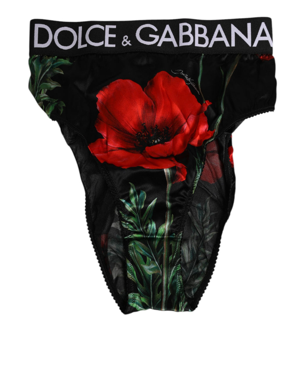 Sous-vêtements noirs en dentelle transparente avec motif floral, haute taille, Dolce & Gabbana, pour femme.