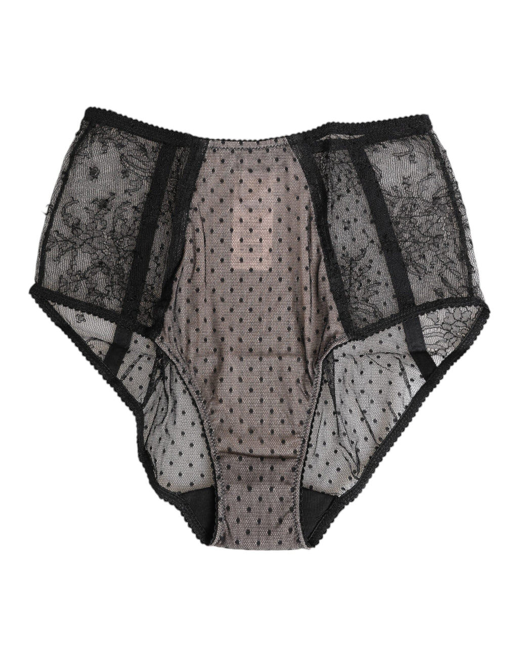 Sous-vêtements noirs en dentelle transparente à pois Dolce & Gabbana, culotte taille haute élégante et raffinée.