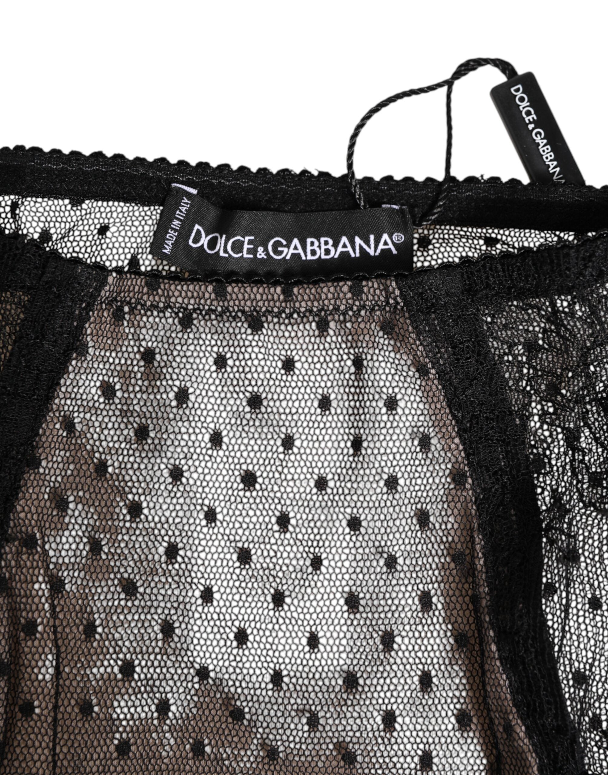 Sous-vêtements noir en dentelle transparente à pois, taille haute, de la marque Dolce & Gabbana.