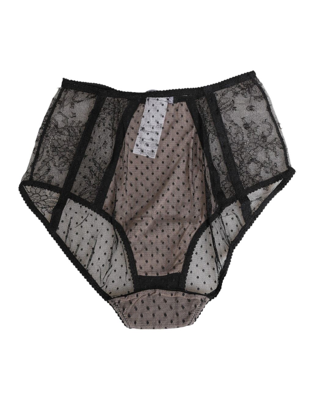 Culotte noire en dentelle transparente à pois, taille haute, de la marque Dolce & Gabbana, avec détails élégants.