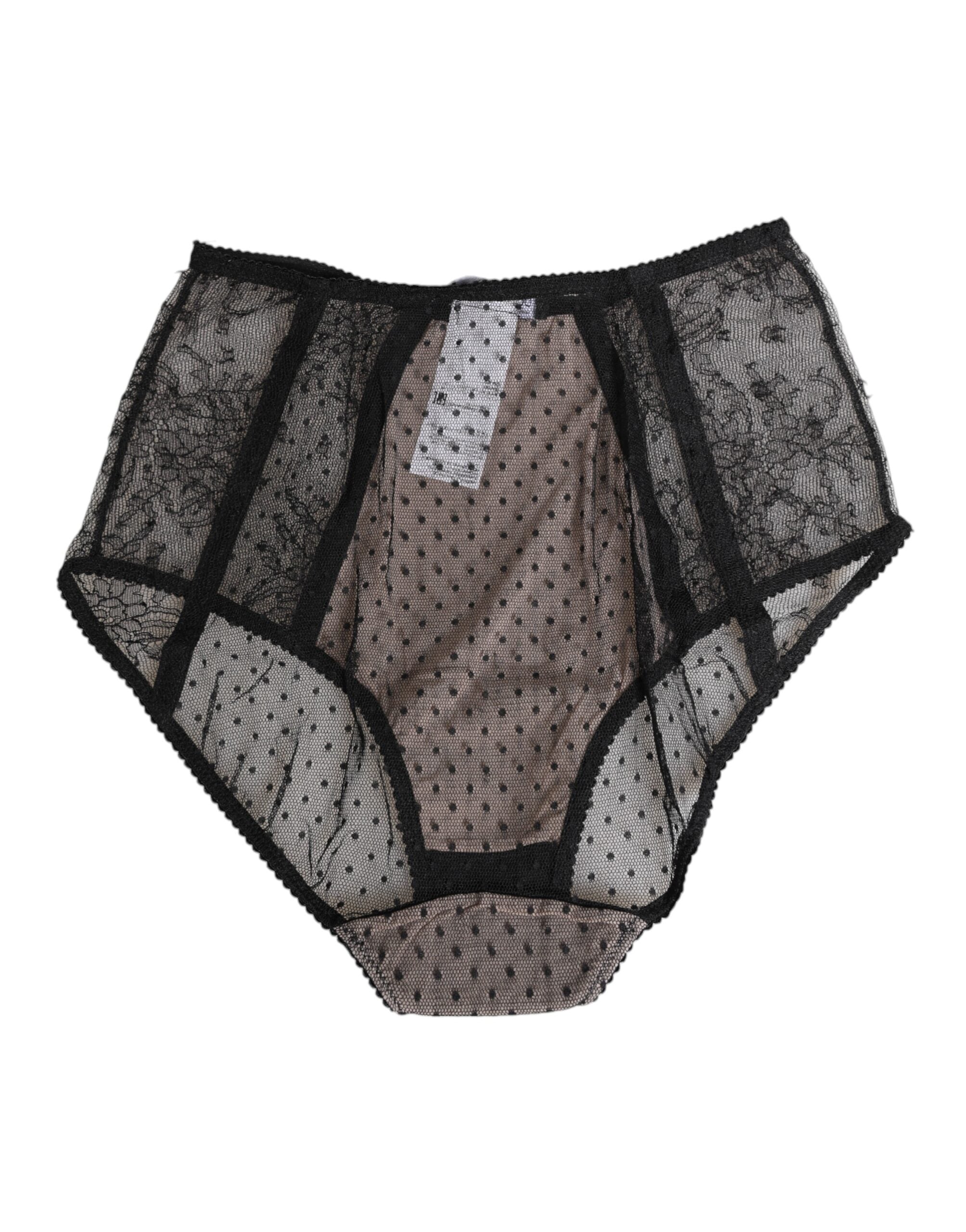 Culotte noire en dentelle transparente à pois, taille haute, de la marque Dolce & Gabbana, avec détails élégants.