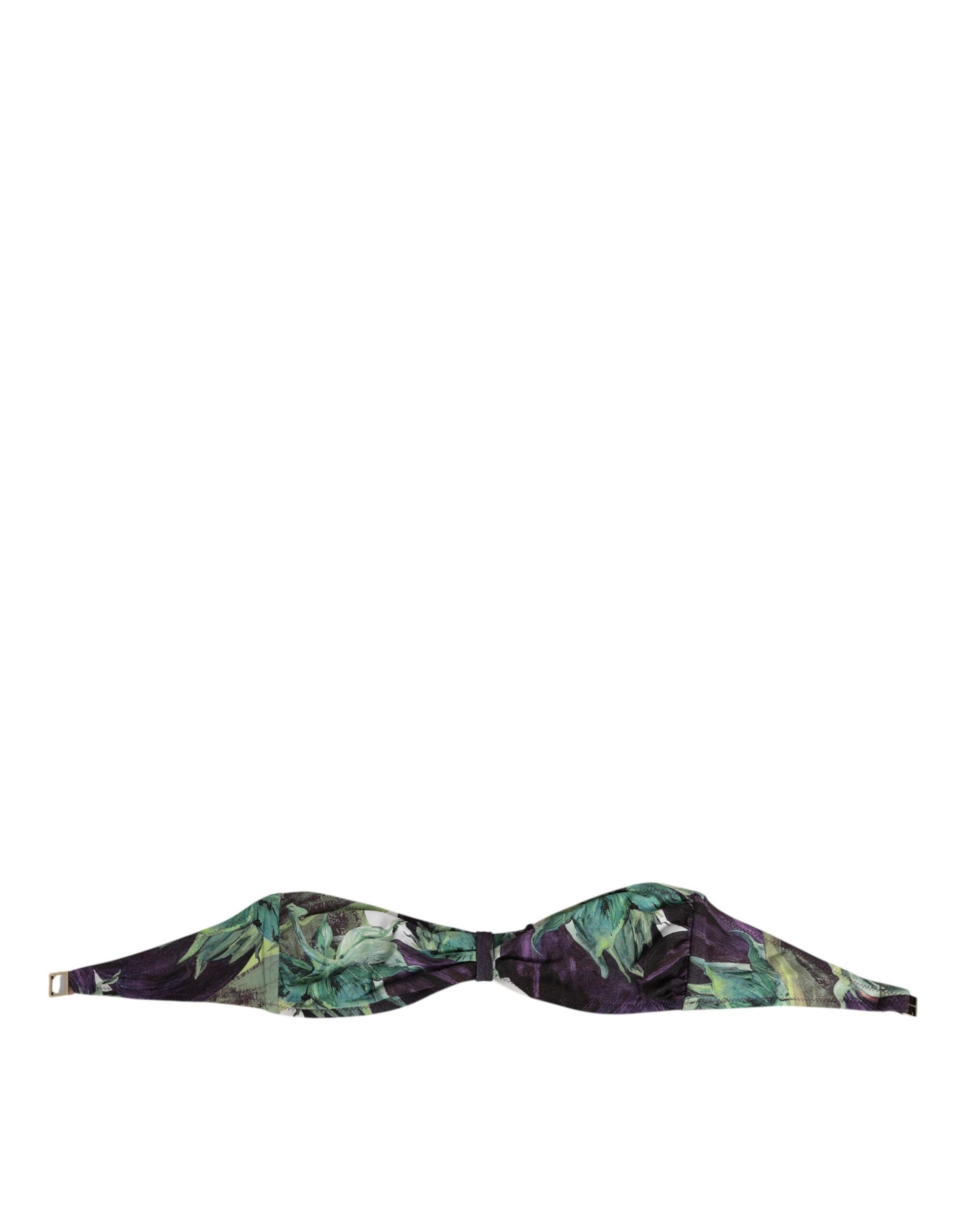 Maillot de bain bandeau Dolce & Gabbana à imprimé feuilles violettes et vertes, style élégant et sophistiqué.