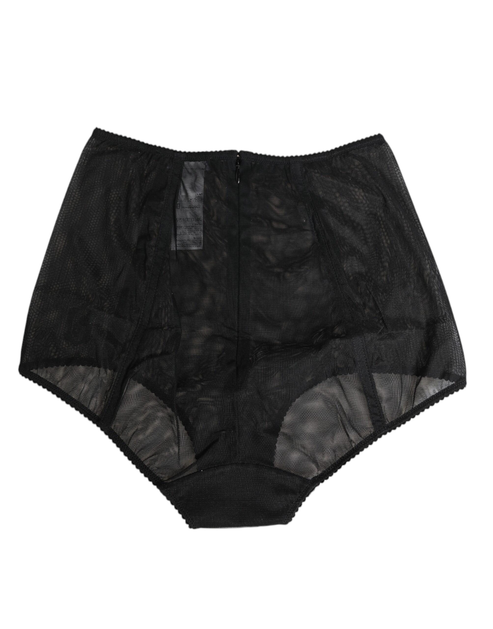Sous-vêtements gainants noirs à taille haute en mesh transparent de Dolce & Gabbana, vêtement de lingerie élégante et ajustée.