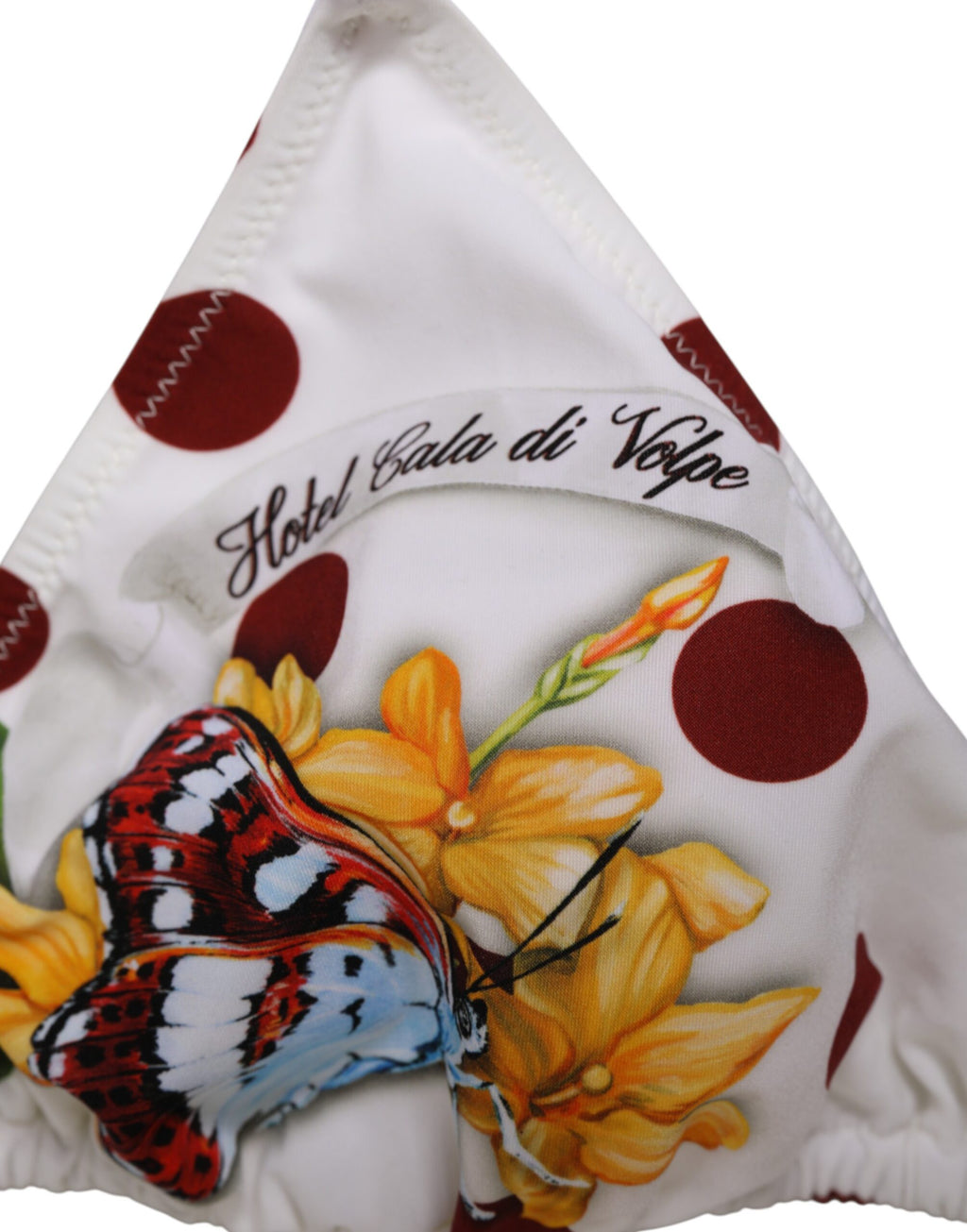 Triangle en soie Dolce & Gabbana blanc à pois rouges et imprimé floral, style élégant et féminin.