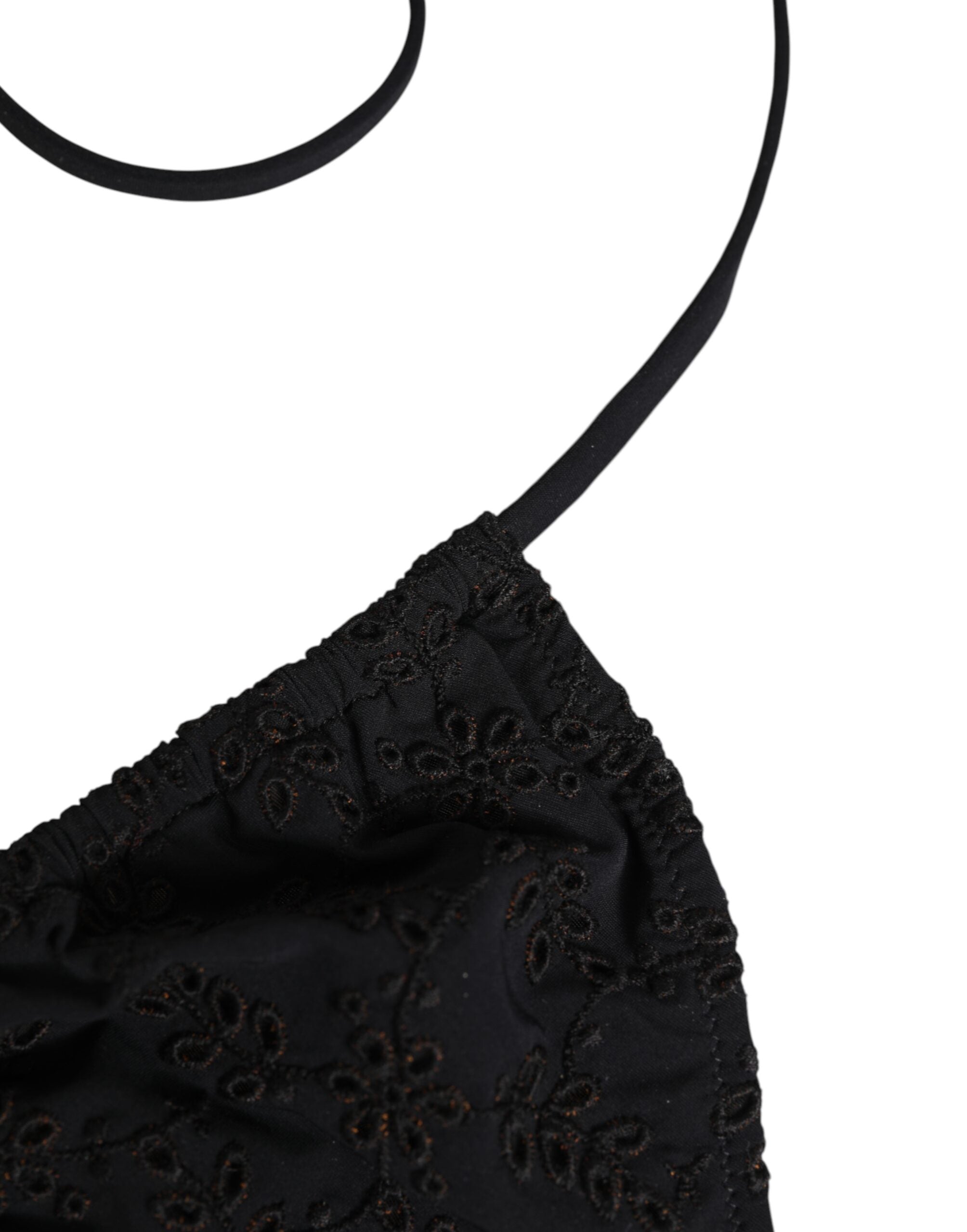 Slip de bain triangle noir Dolce & Gabbana avec broderies élégantes, idéal pour la plage ou la piscine.