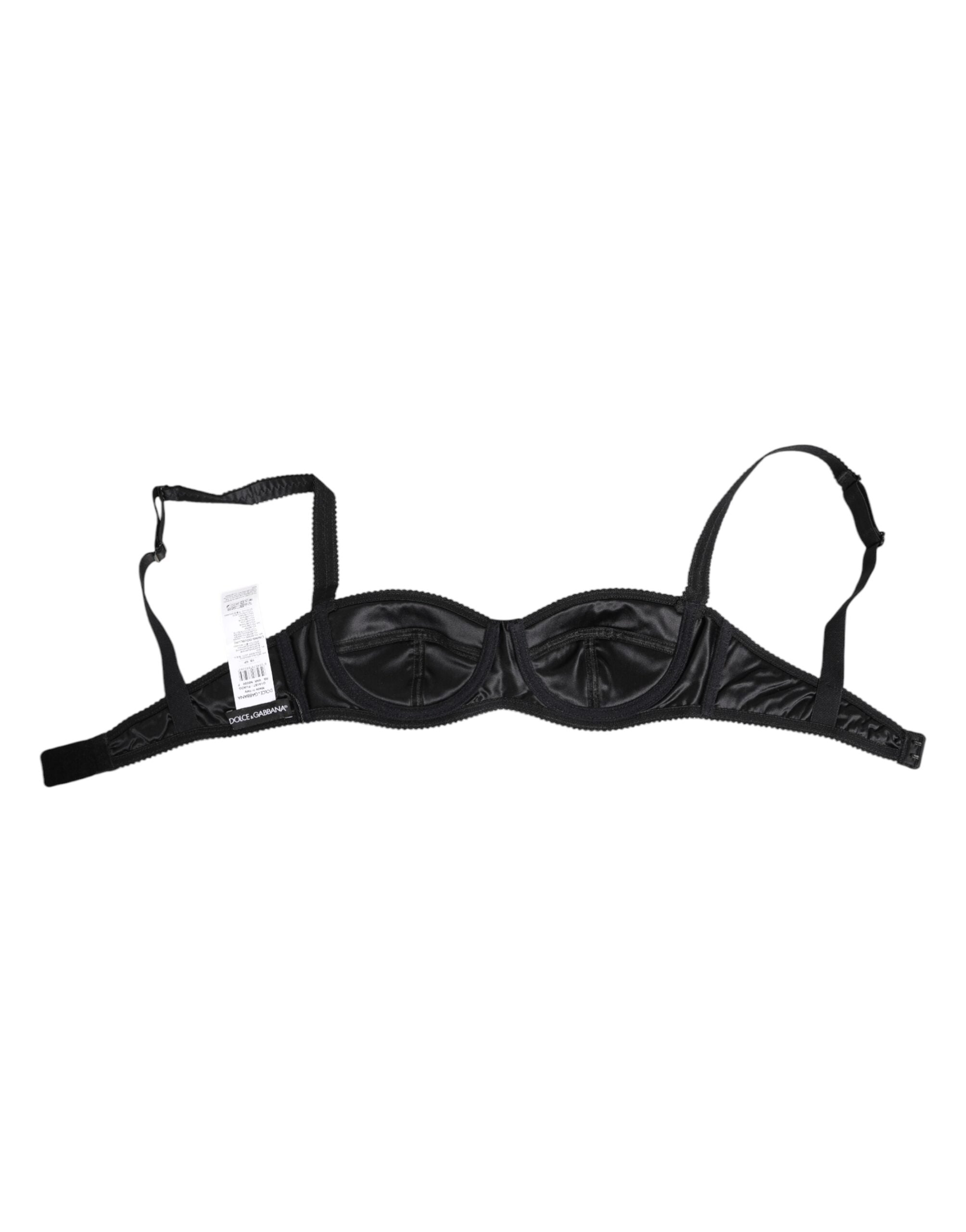 Soutien-gorge en satin de soie noir sans fil de la lingerie Dolce & Gabbana, vue de face avec détails élégants.