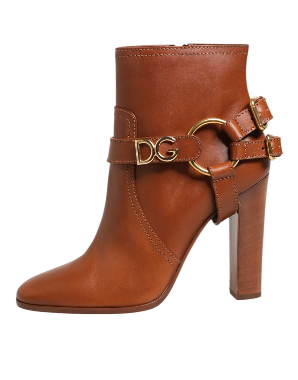 Bottes ankle en cuir marron Dolce & Gabbana avec boucle logo DG, style élégant et sophistiqué pour femmes.