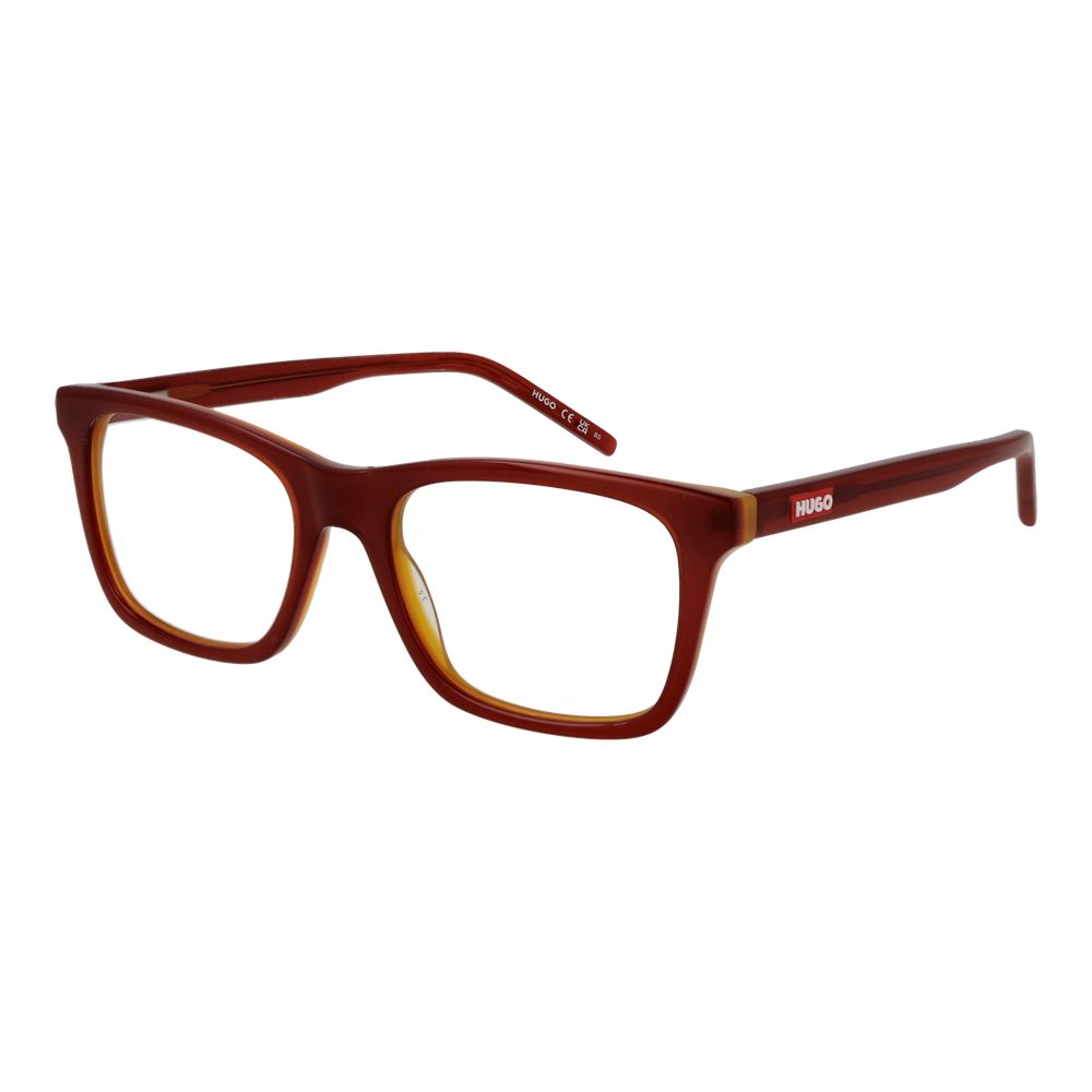 Lunettes en acétate marron Hugo Boss avec monture élégante et moderne, vue de face sur fond blanc.
