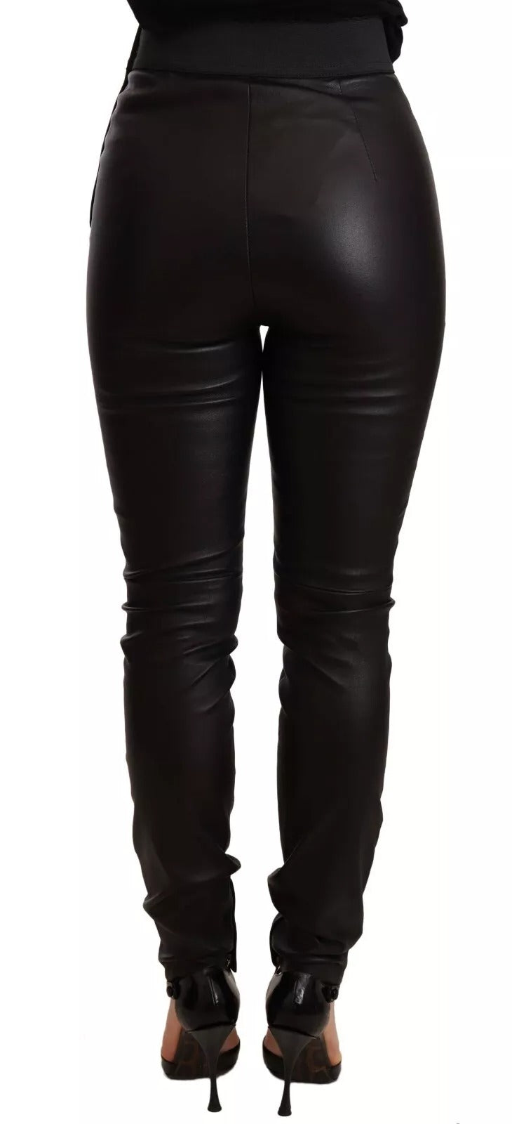 Pantalon noir en cuir avec taille élastique de Dolce & Gabbana, style élégant et ajusté pour femmes.