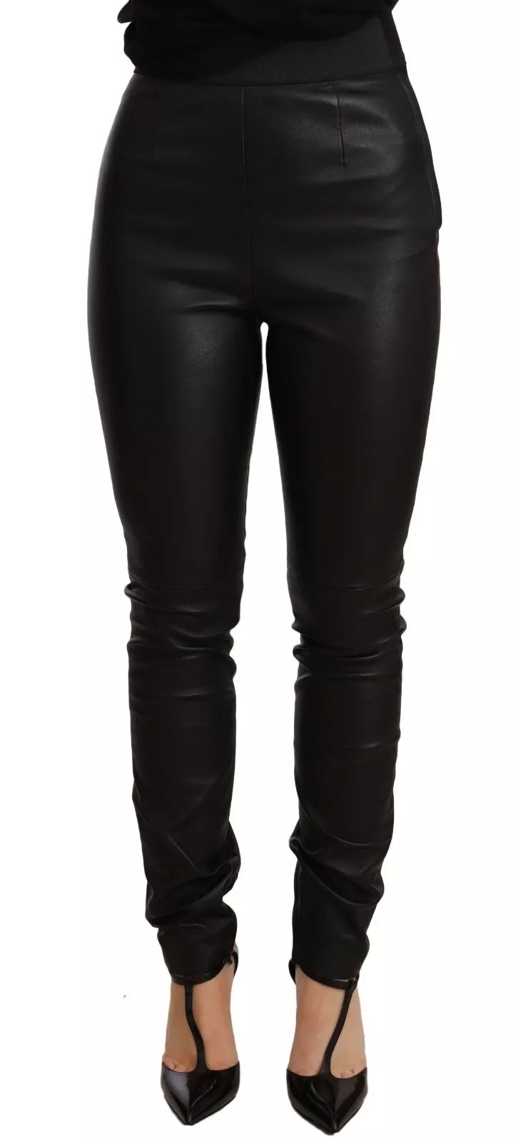 Pantalon noir en cuir avec taille élastique de Dolce & Gabbana, pantalon élégant et confortable pour femme.