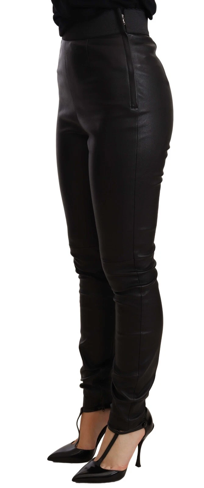 Pantalon noir en cuir avec taille élastique de Dolce & Gabbana, style élégant et moderne, visible sur fond neutre.