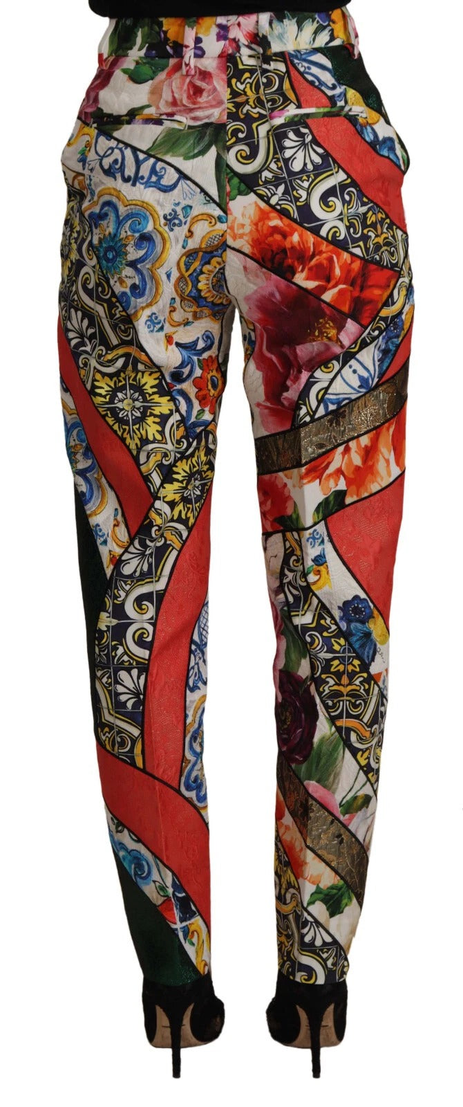 Pantalons Dolce & Gabbana à taille haute en jacquard patchwork multicolore, style élégant et moderne.
