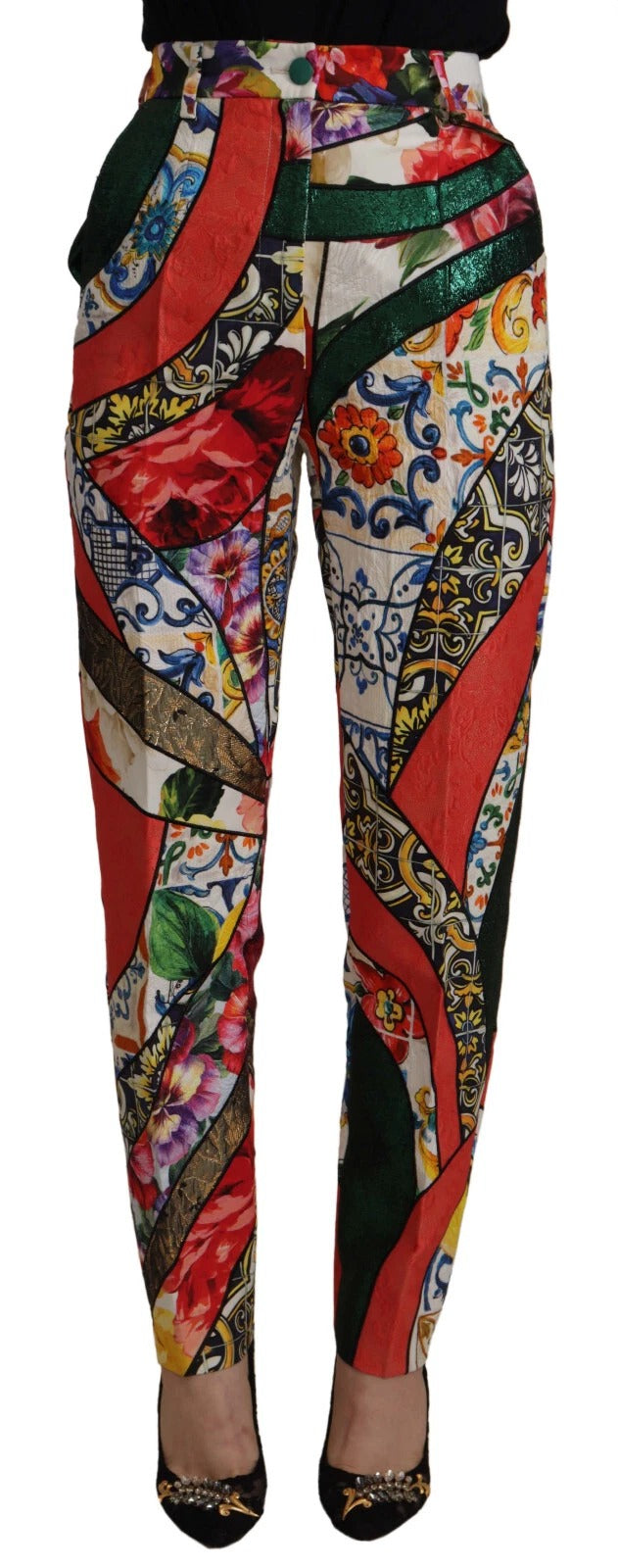 Pantalons taille haute Dolce & Gabbana en jacquard multicolore à patchwork, mode élégante et sophistiquée.