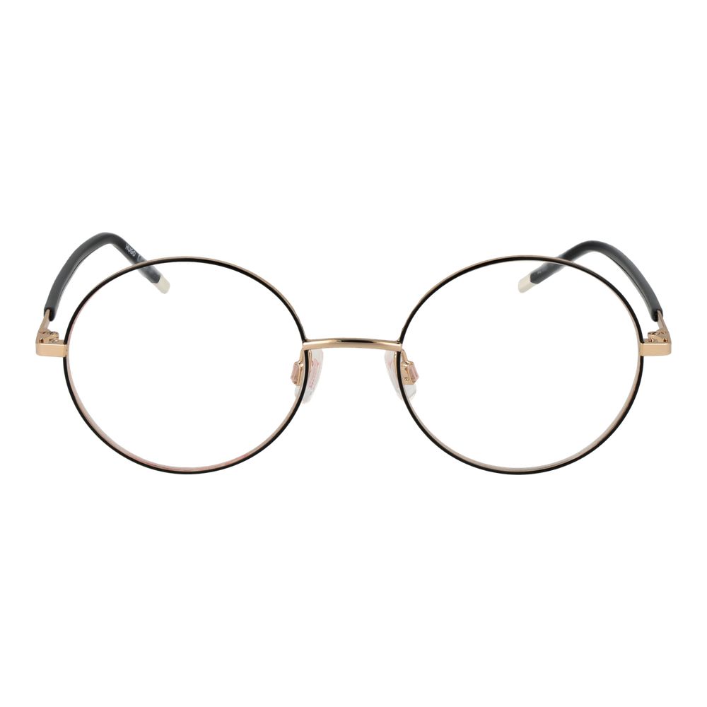 Lunettes Hugo Boss en acier inoxydable noir avec monture élégante et moderne, visibles sur l'image.